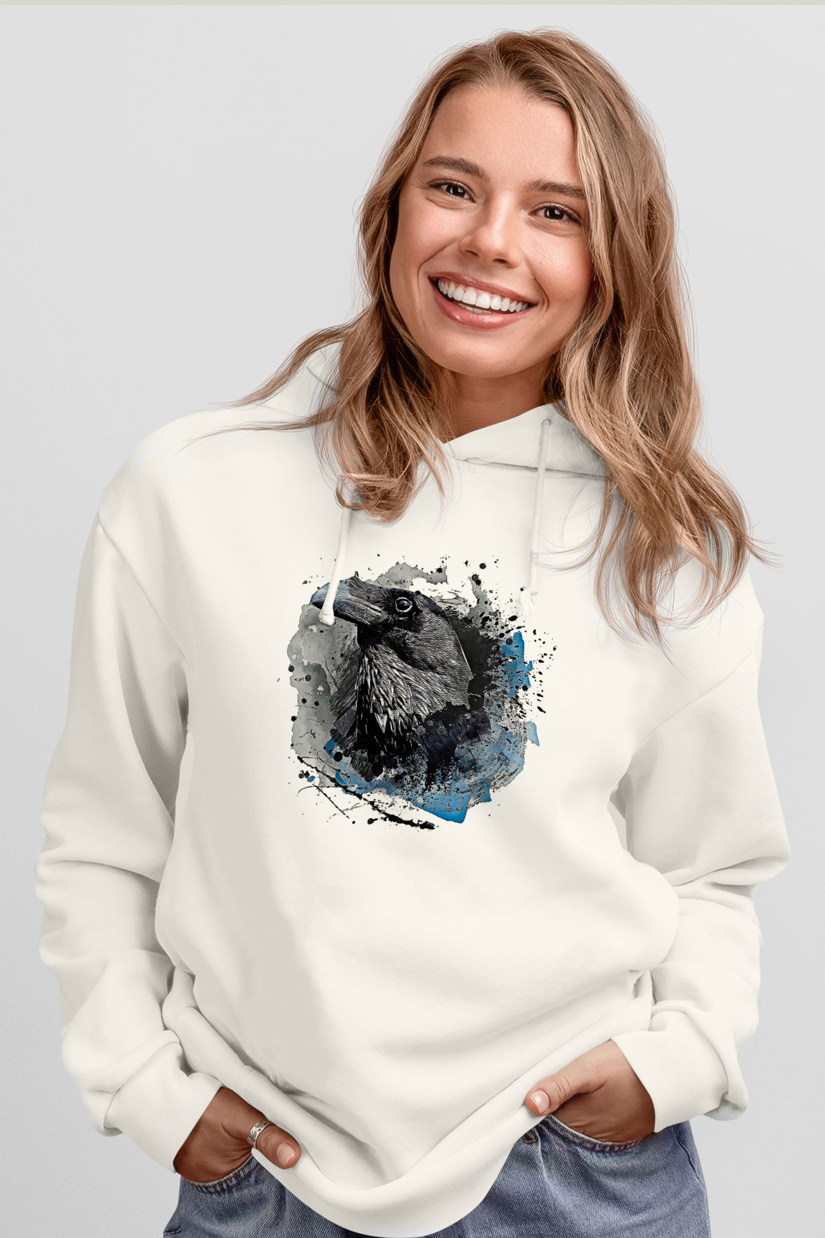 Karga Baskılı Beyaz Unisex Hoodie