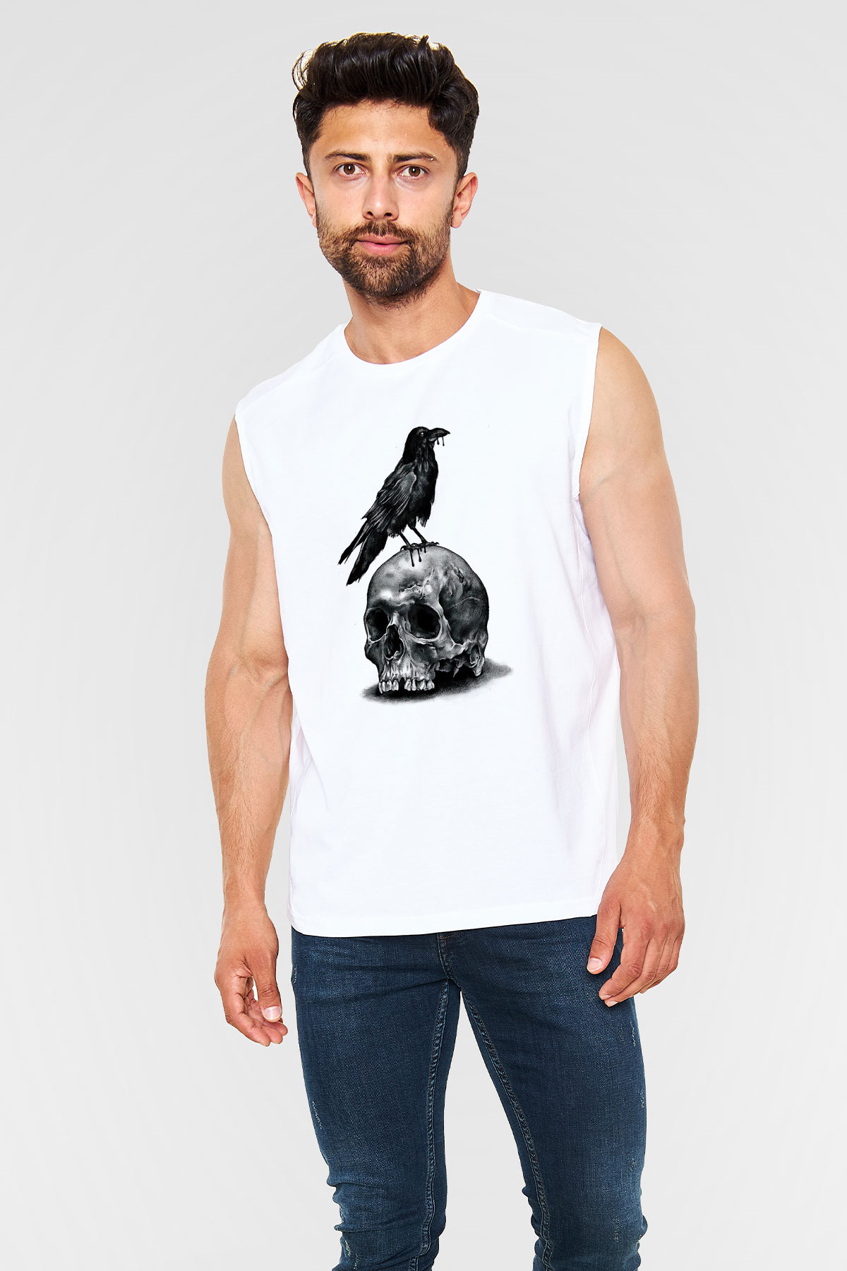 Karga Baskılı Beyaz Unisex Kolsuz Tişört - Tshirt