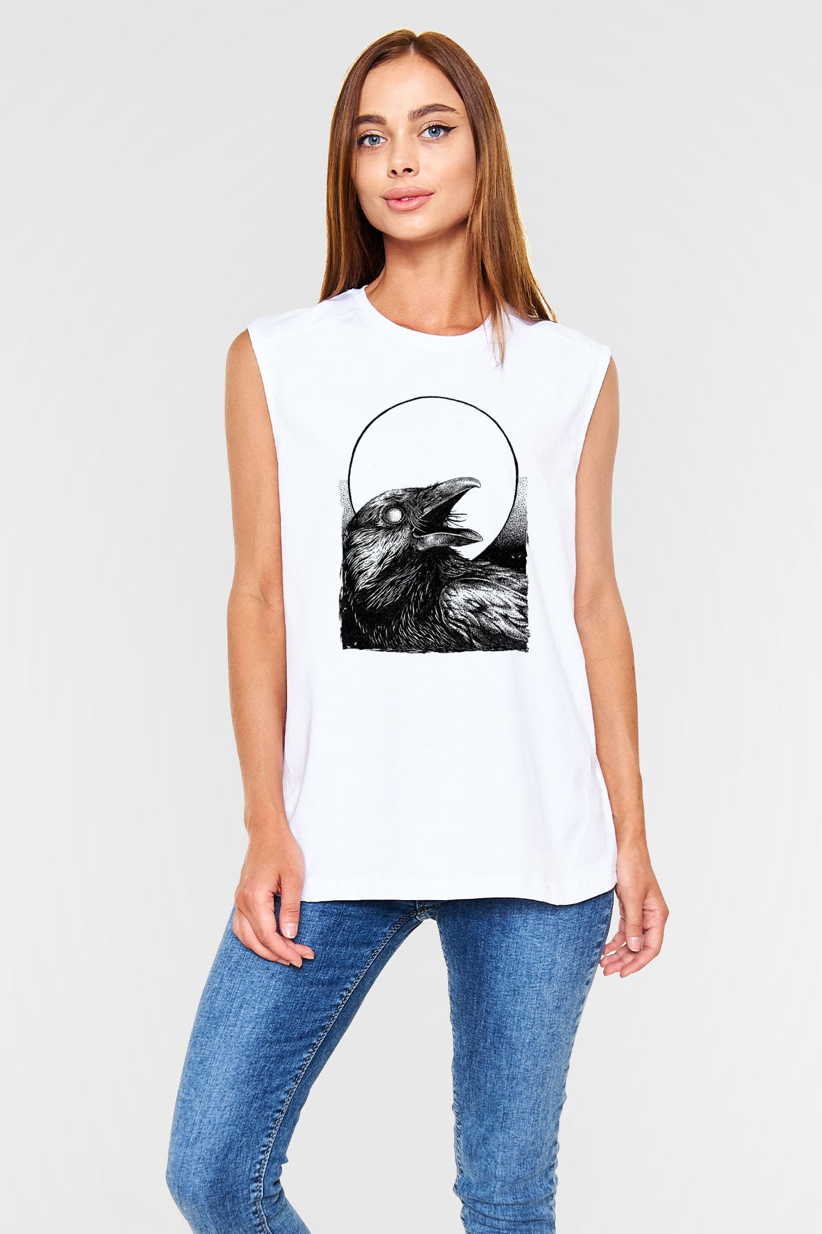Karga Baskılı Beyaz Unisex Kolsuz Tişört - Tshirt