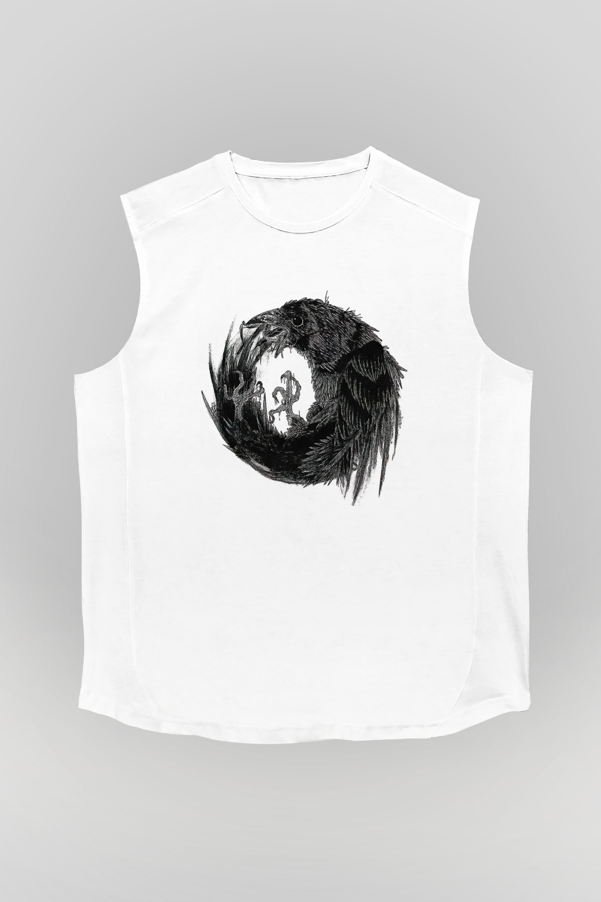 Karga Baskılı Beyaz Unisex Kolsuz Tişört - Tshirt
