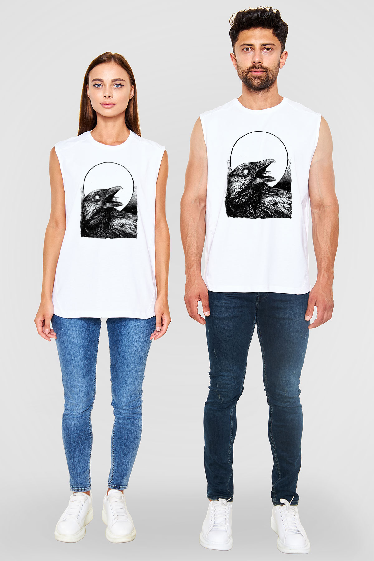 Karga Baskılı Beyaz Unisex Kolsuz Tişört - Tshirt
