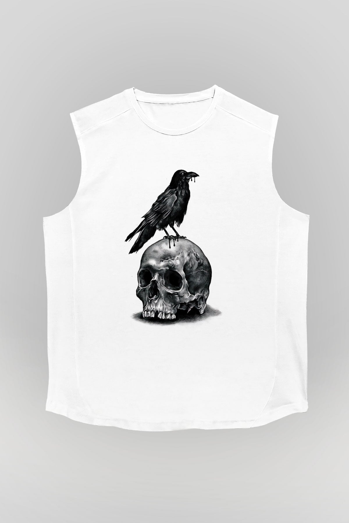Karga Baskılı Beyaz Unisex Kolsuz Tişört - Tshirt