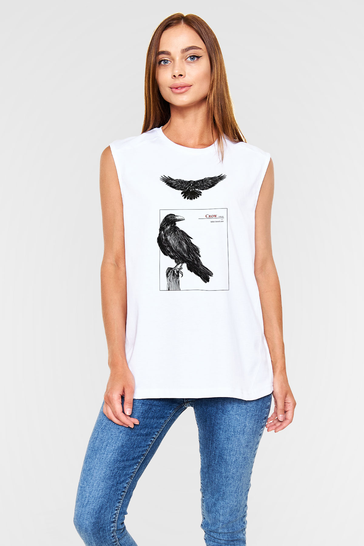 Karga Baskılı Beyaz Unisex Kolsuz Tişört - Tshirt