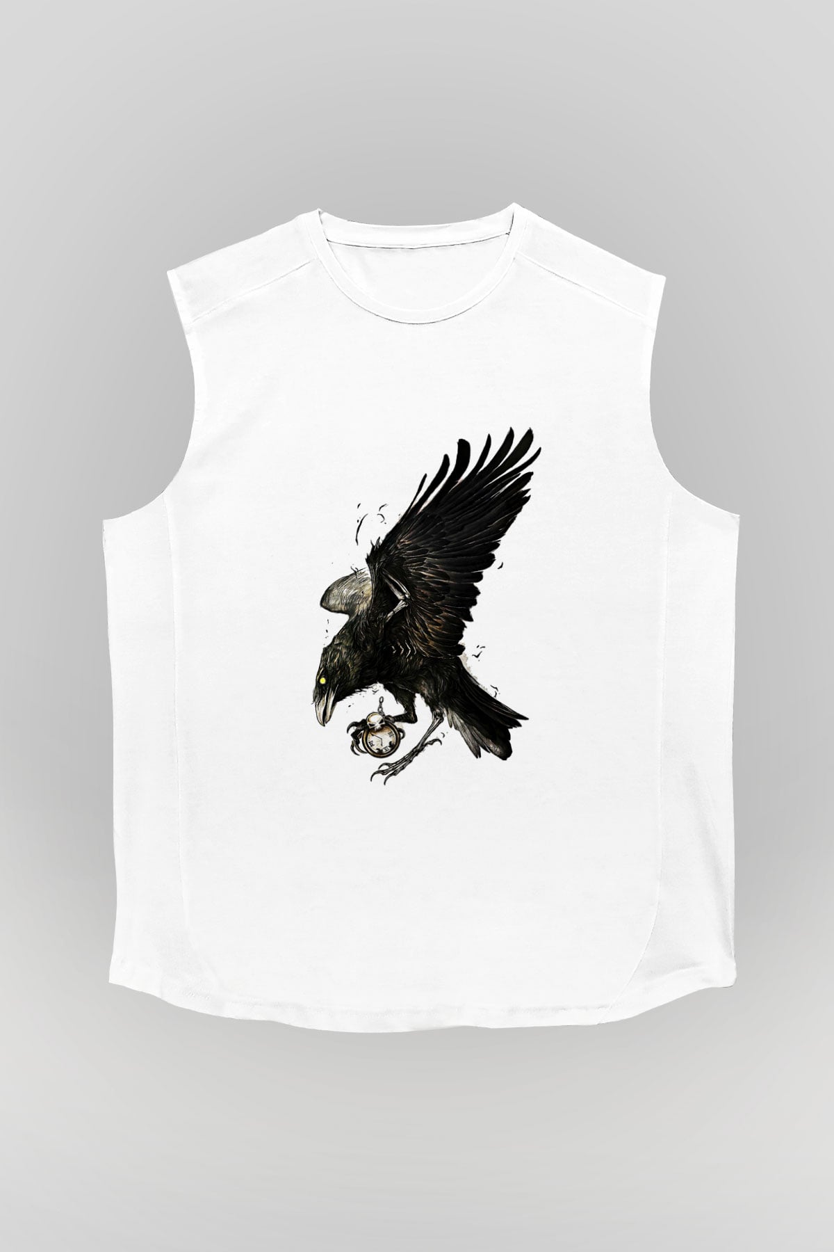 Karga Baskılı Beyaz Unisex Kolsuz Tişört - Tshirt
