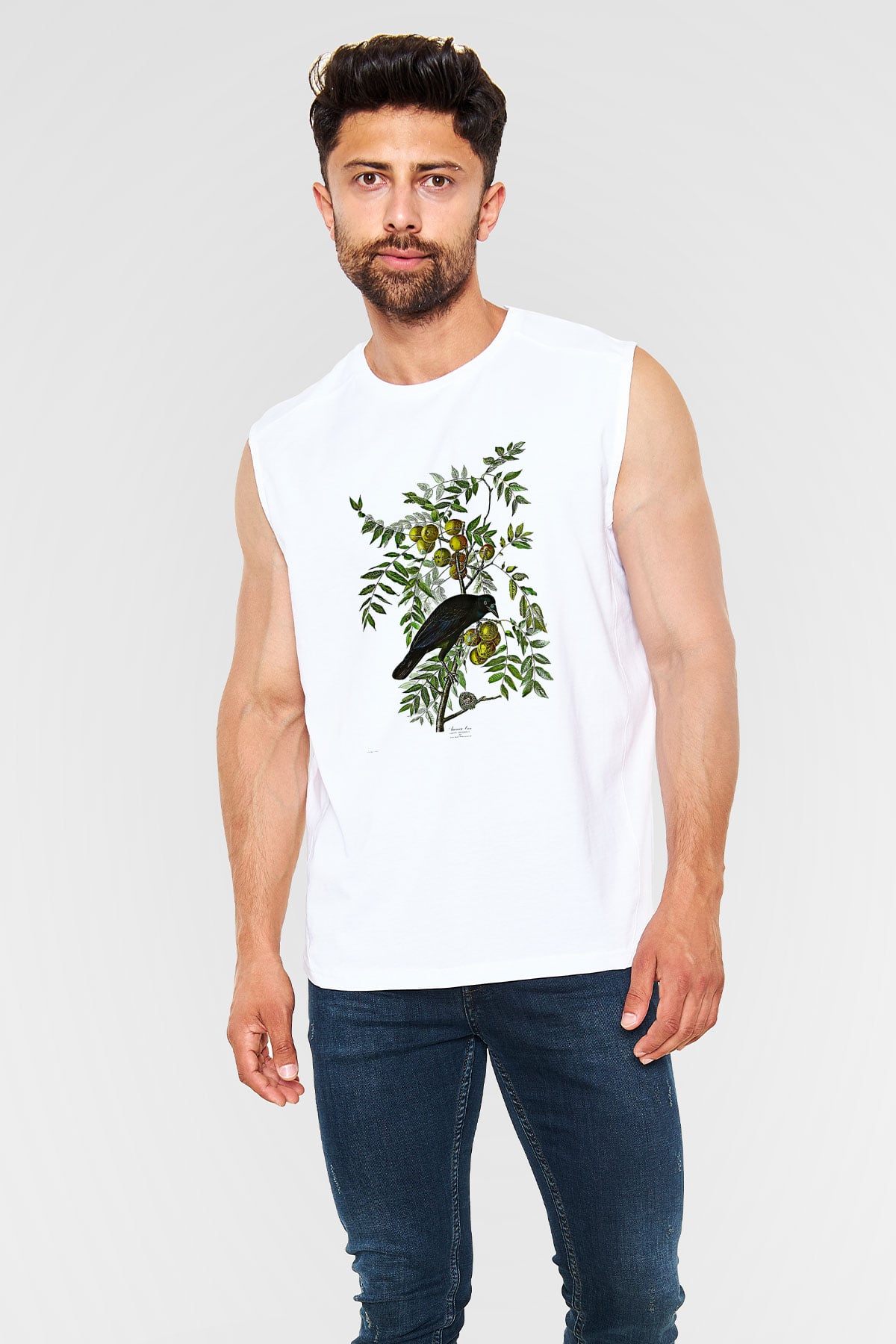 Karga Baskılı Beyaz Unisex Kolsuz Tişört - Tshirt