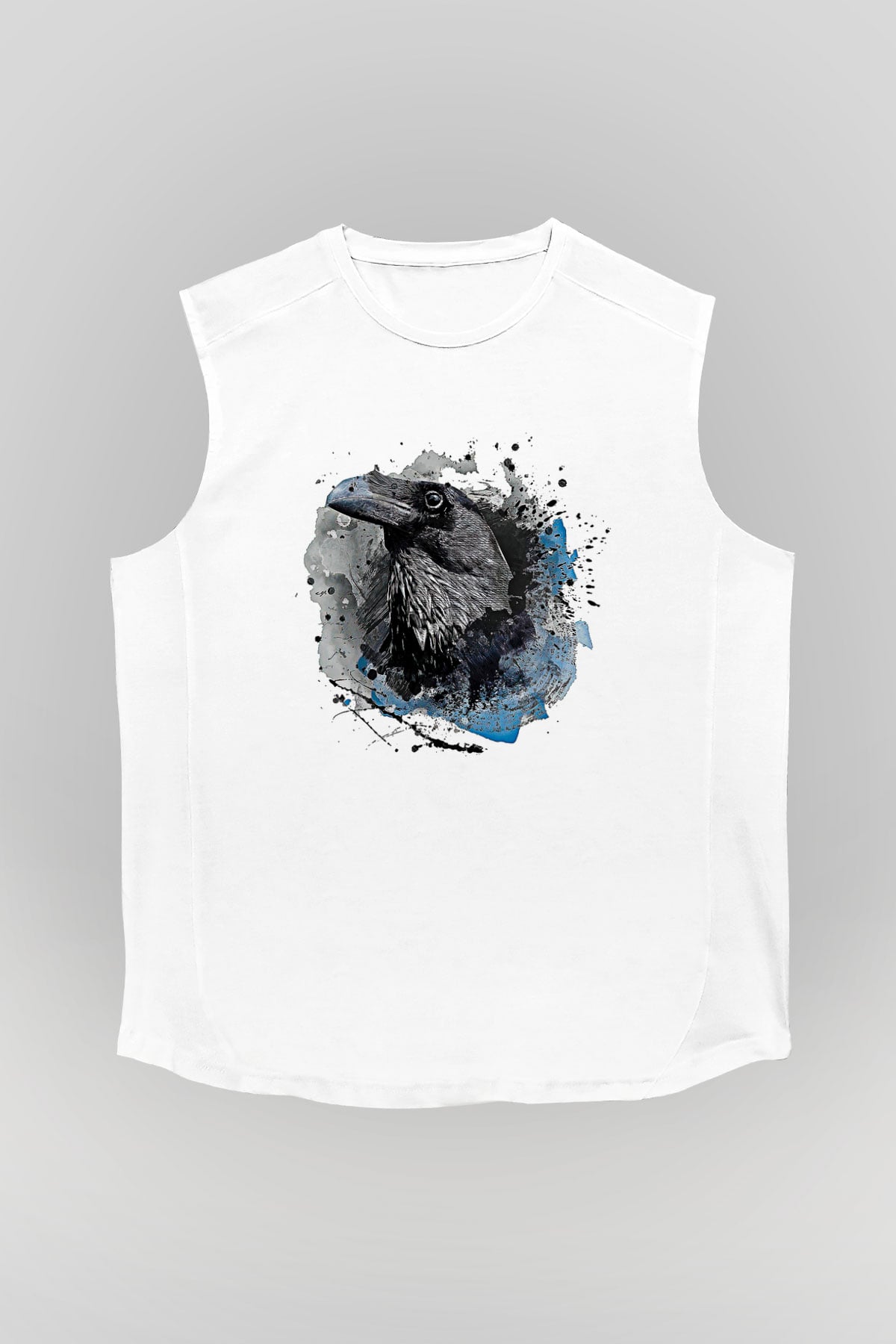 Karga Baskılı Beyaz Unisex Kolsuz Tişört - Tshirt