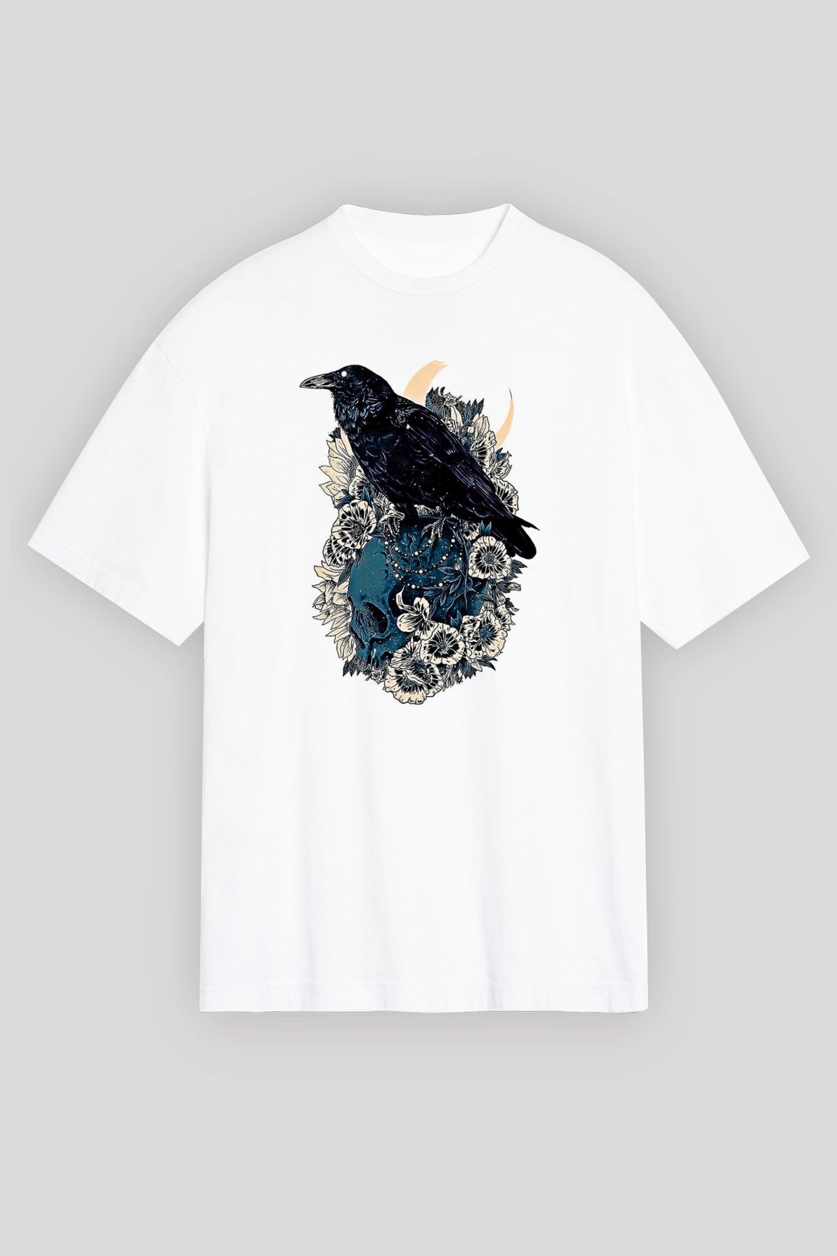 Karga Baskılı Beyaz Unisex Oversize Tişört - Tshirt