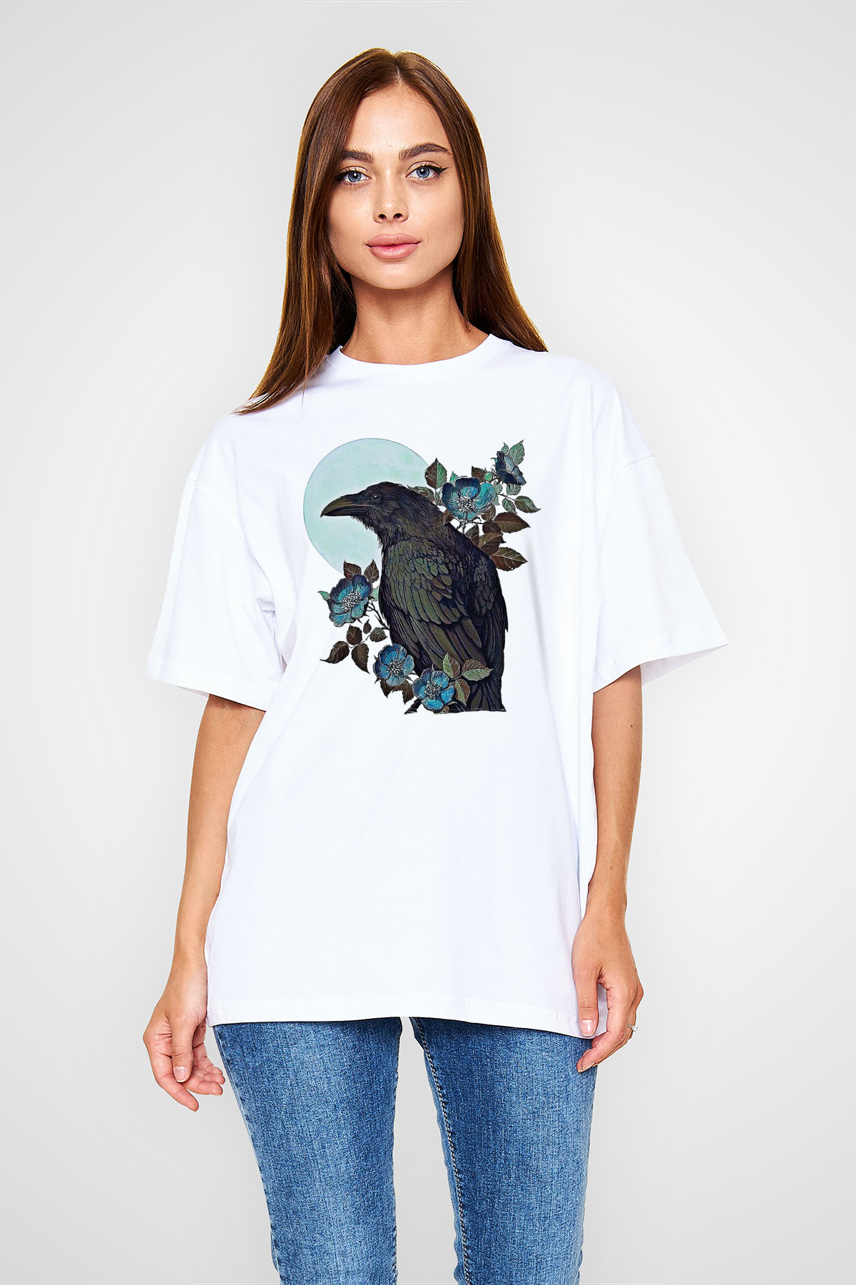 Karga Baskılı Beyaz Unisex Oversize Tişört - Tshirt