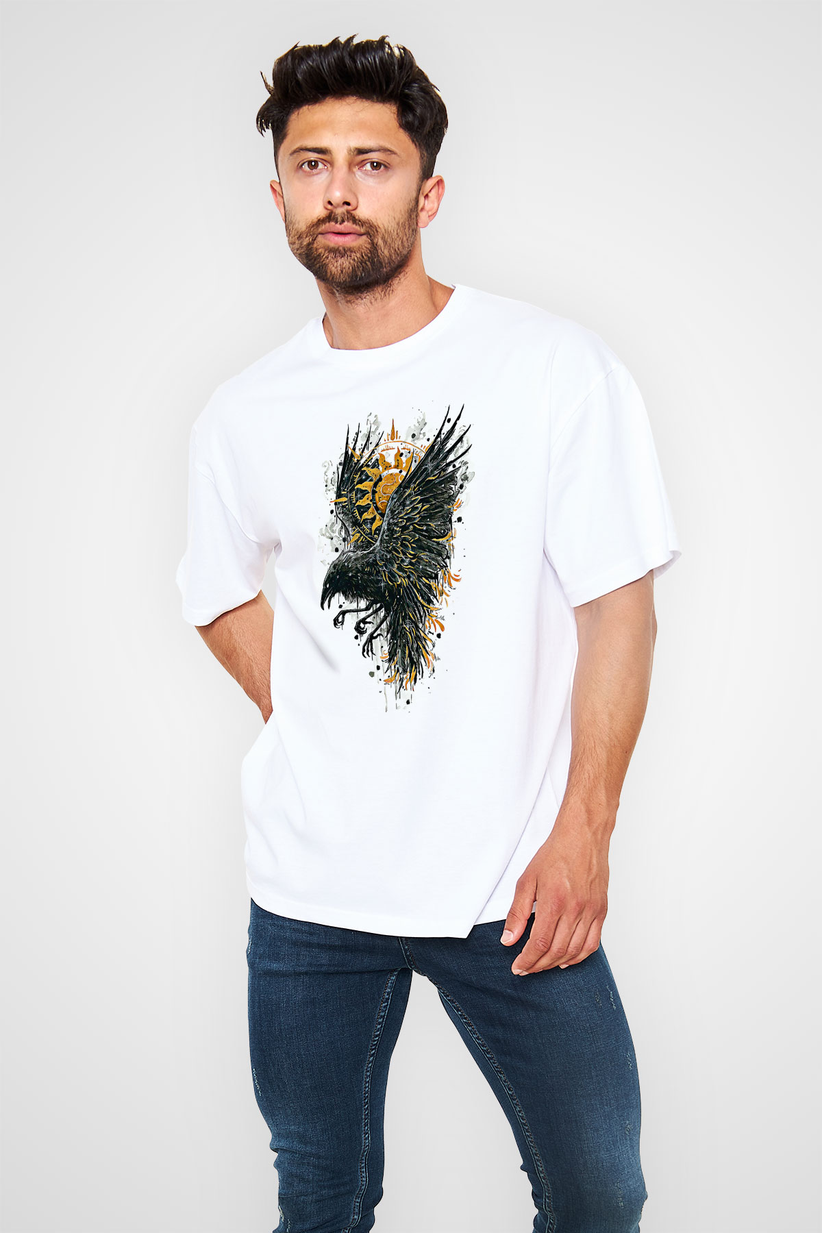Karga Baskılı Beyaz Unisex Oversize Tişört - Tshirt