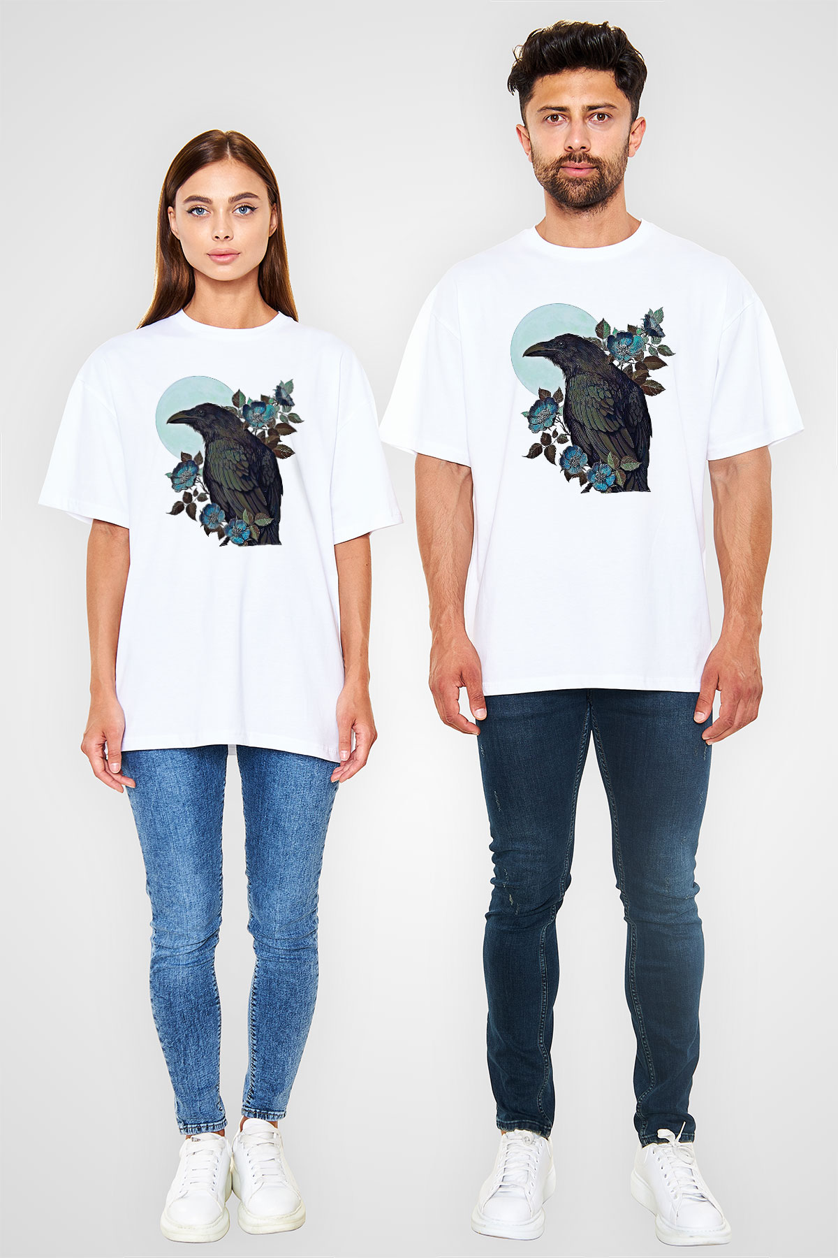 Karga Baskılı Beyaz Unisex Oversize Tişört - Tshirt
