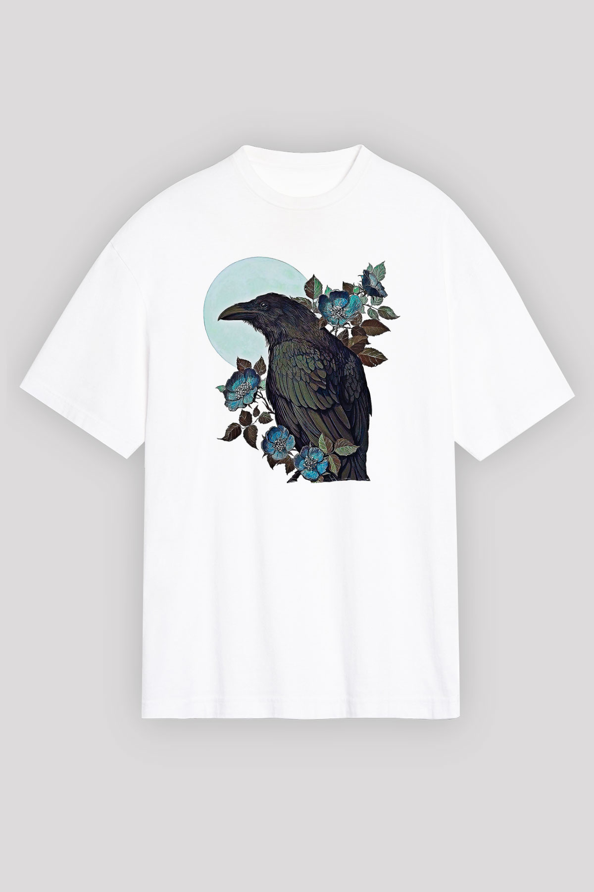 Karga Baskılı Beyaz Unisex Oversize Tişört - Tshirt