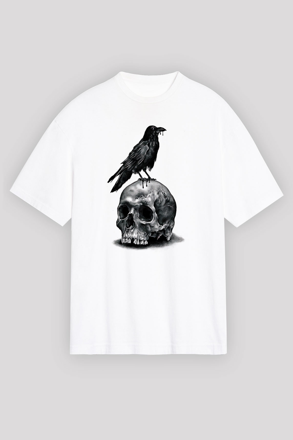 Karga Baskılı Beyaz Unisex Oversize Tişört - Tshirt