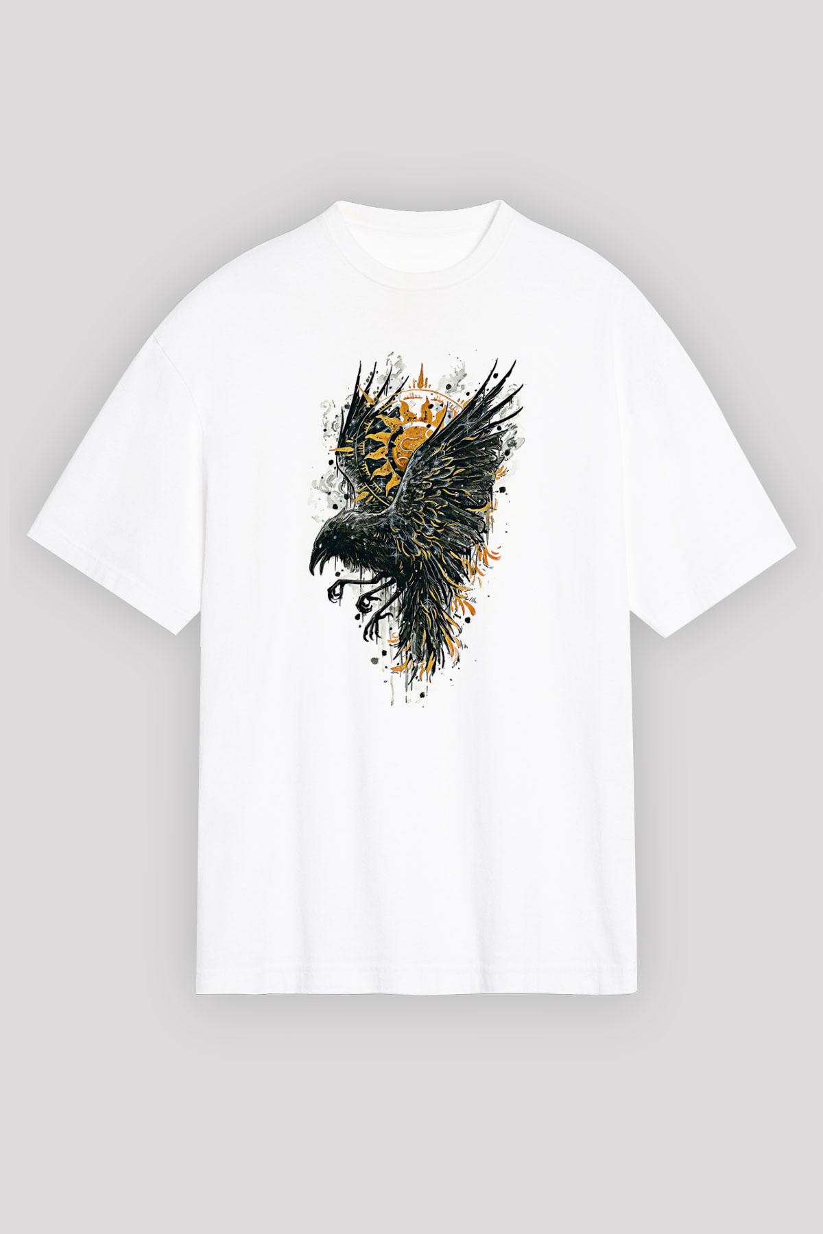 Karga Baskılı Beyaz Unisex Oversize Tişört - Tshirt