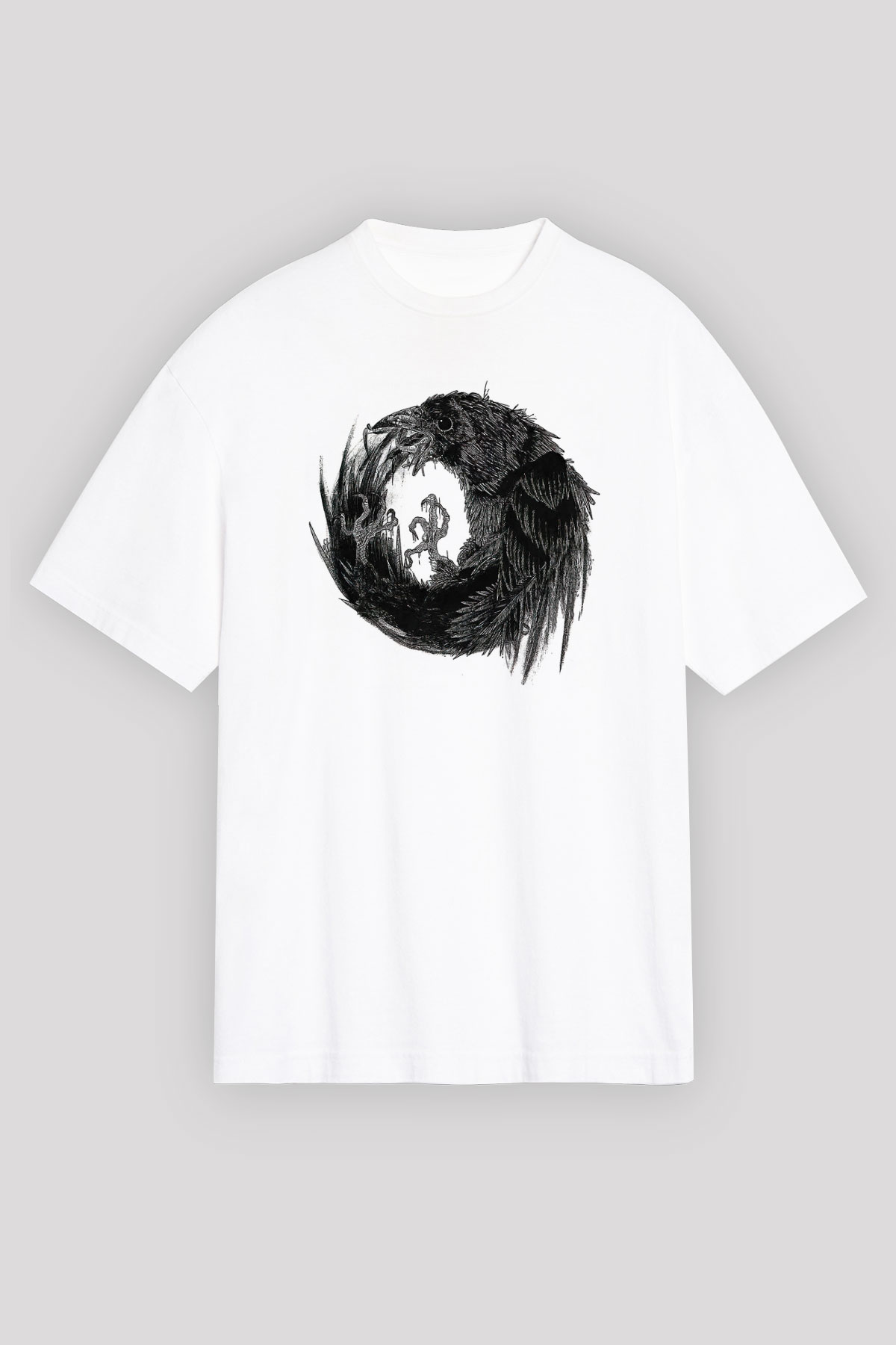 Karga Baskılı Beyaz Unisex Oversize Tişört - Tshirt
