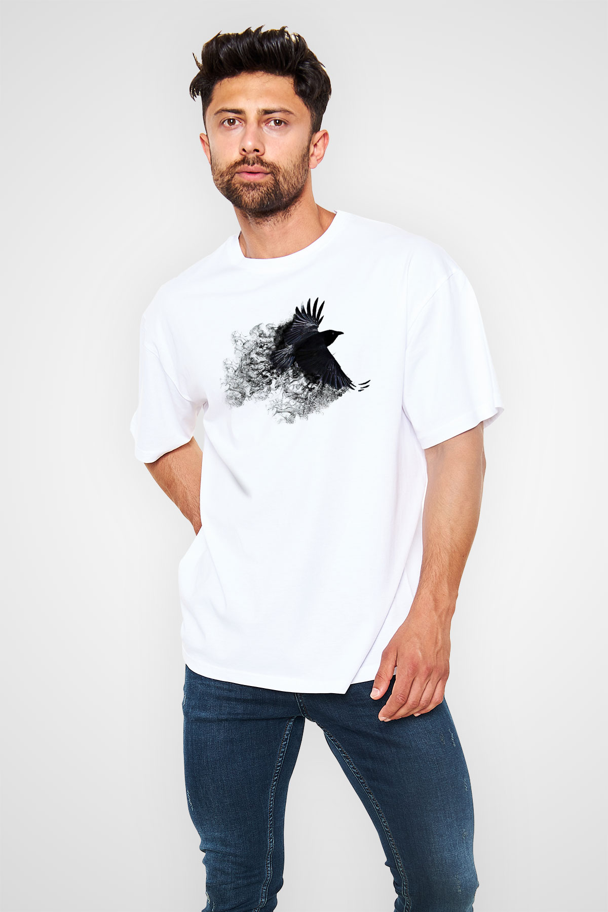 Karga Baskılı Beyaz Unisex Oversize Tişört - Tshirt