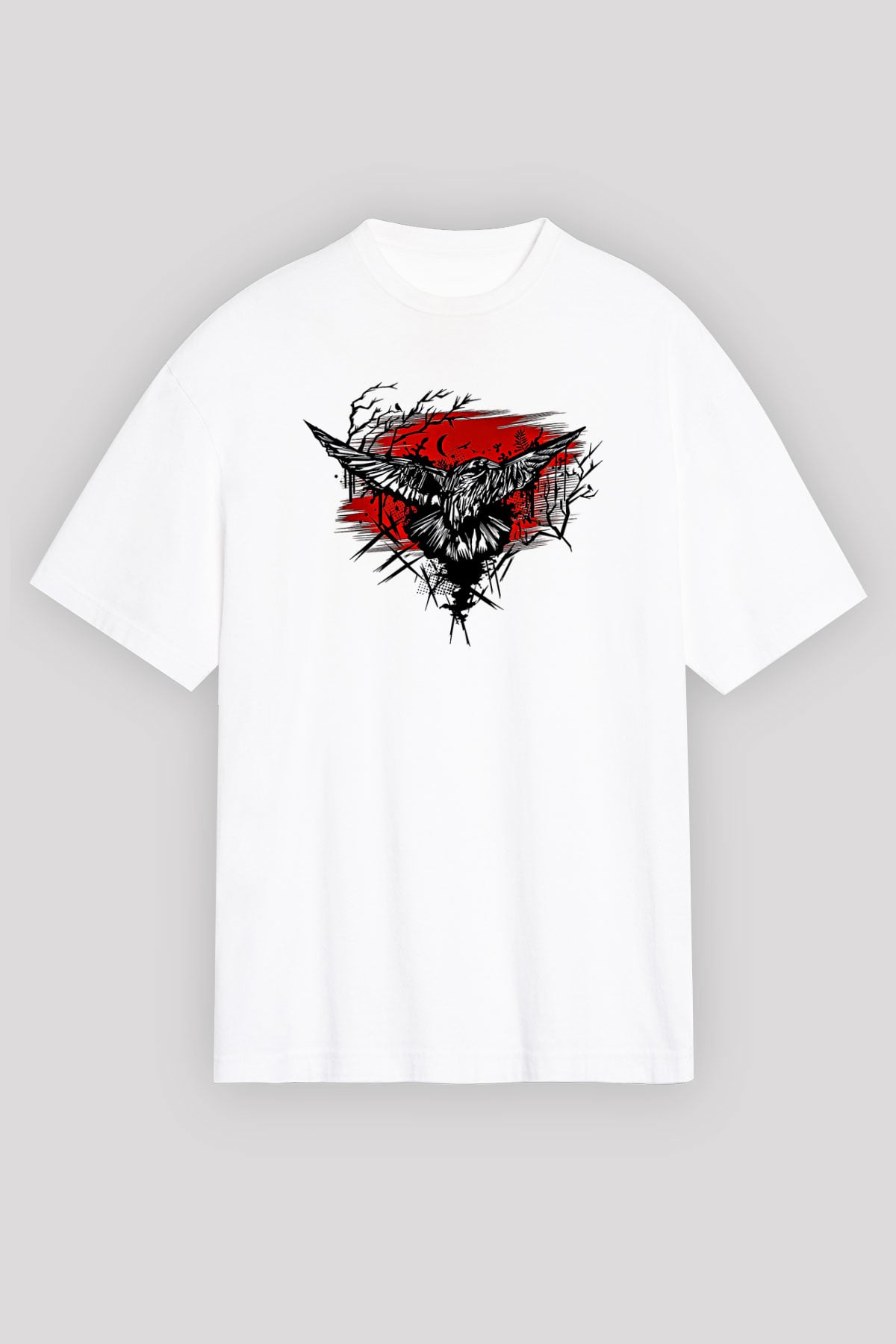 Karga Baskılı Beyaz Unisex Oversize Tişört - Tshirt