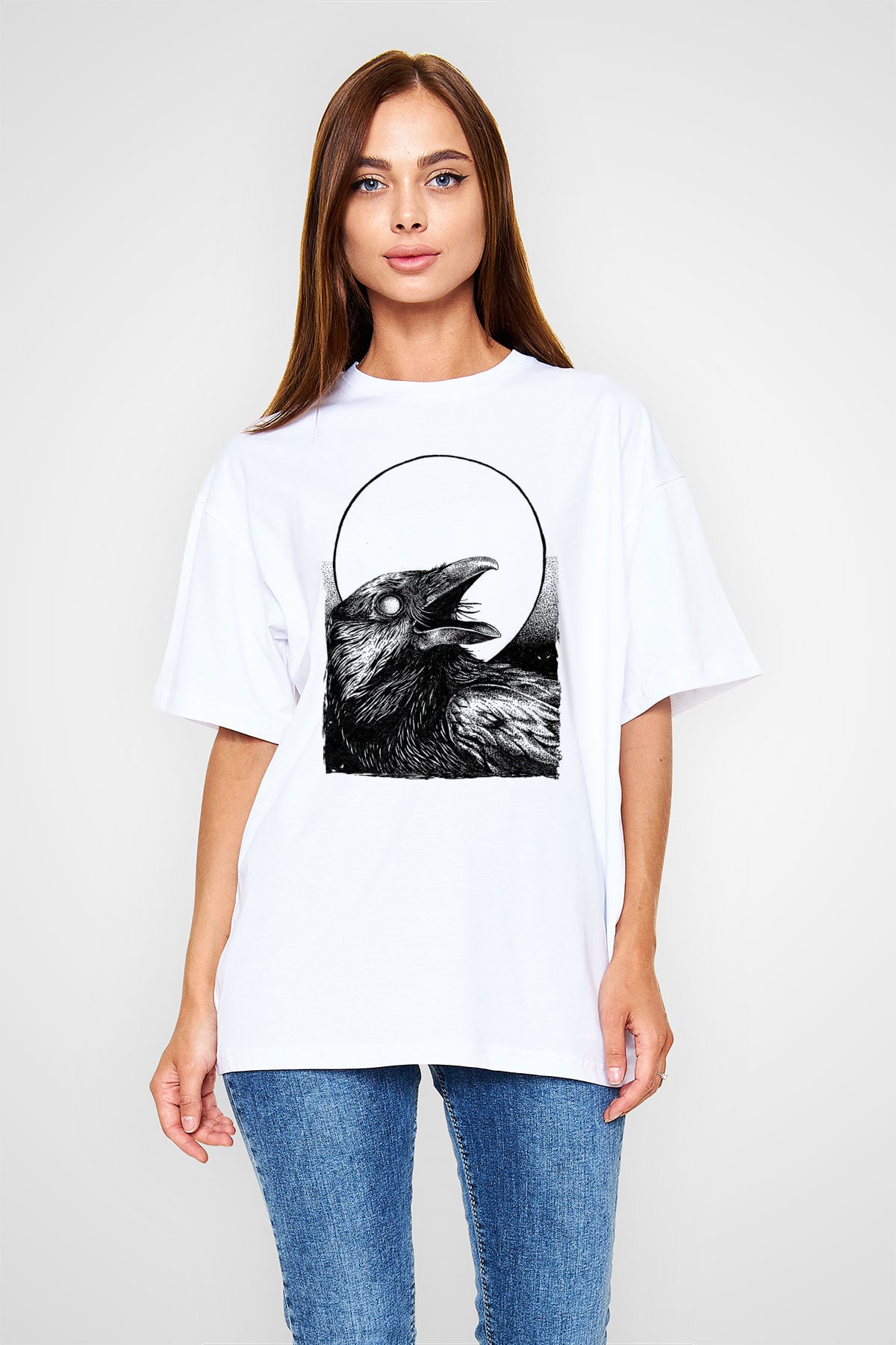Karga Baskılı Beyaz Unisex Oversize Tişört - Tshirt