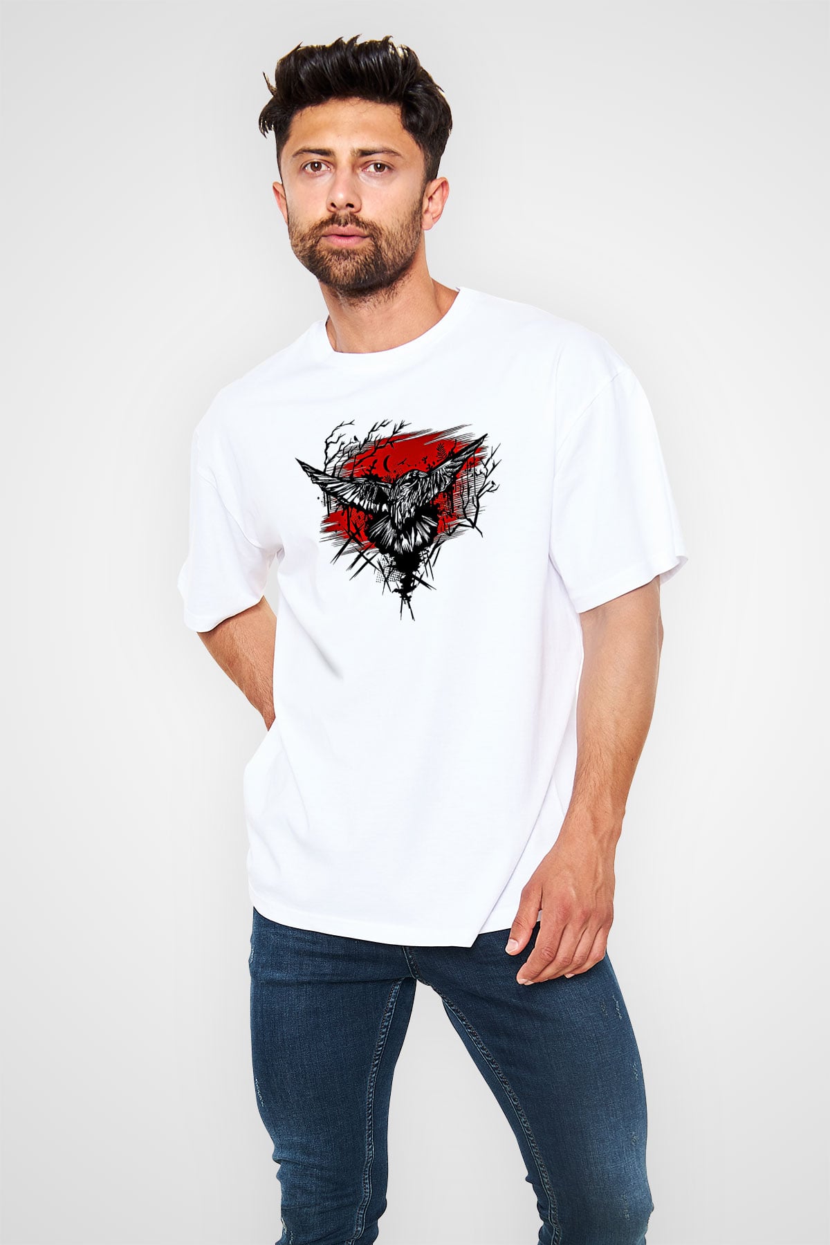 Karga Baskılı Beyaz Unisex Oversize Tişört - Tshirt