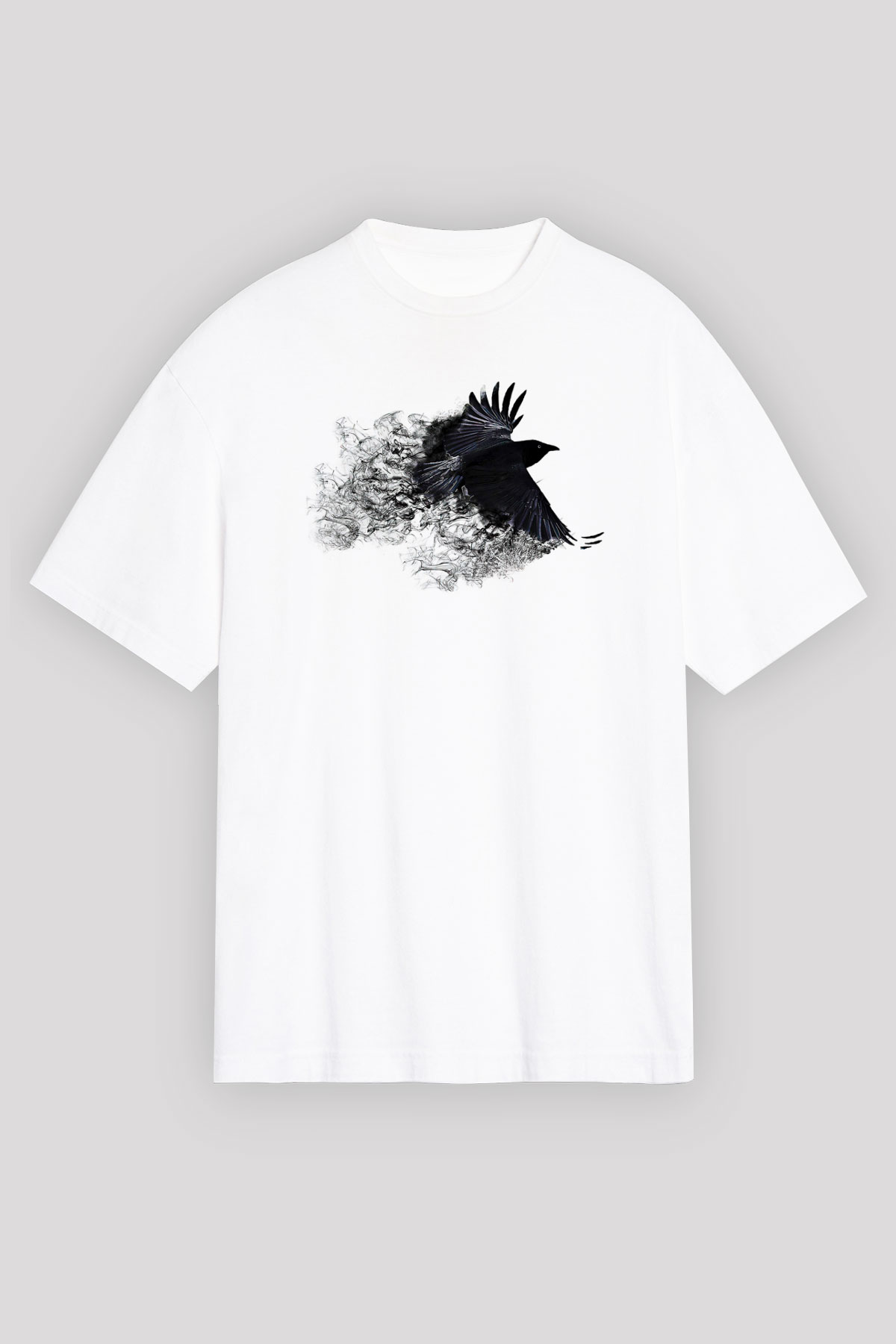 Karga Baskılı Beyaz Unisex Oversize Tişört - Tshirt