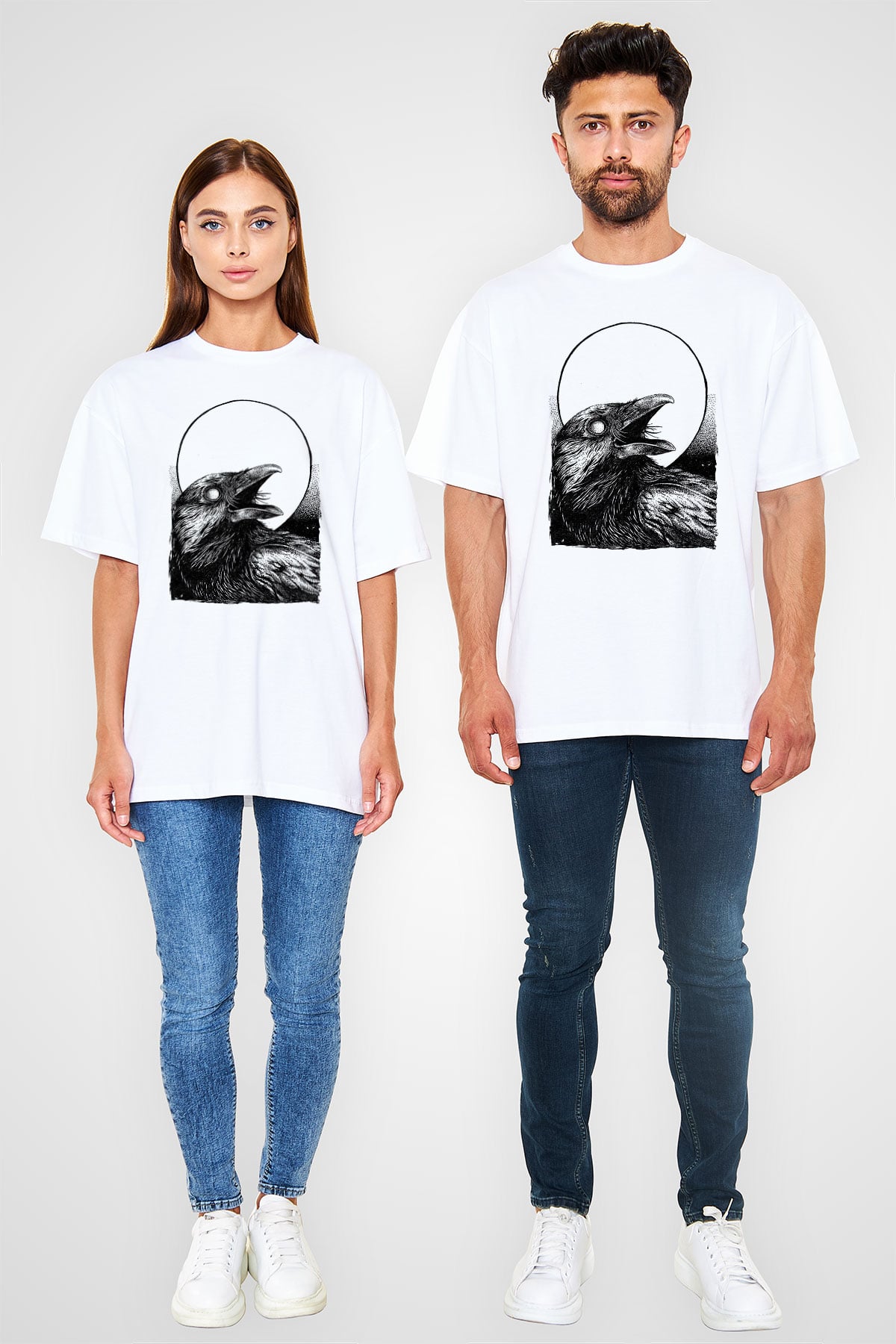 Karga Baskılı Beyaz Unisex Oversize Tişört - Tshirt