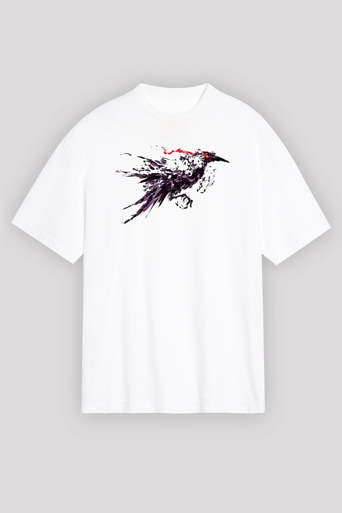Karga Baskılı Beyaz Unisex Oversize Tişört - Tshirt