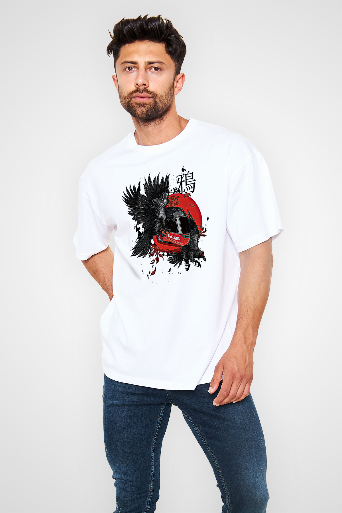 Karga Baskılı Beyaz Unisex Oversize Tişört - Tshirt