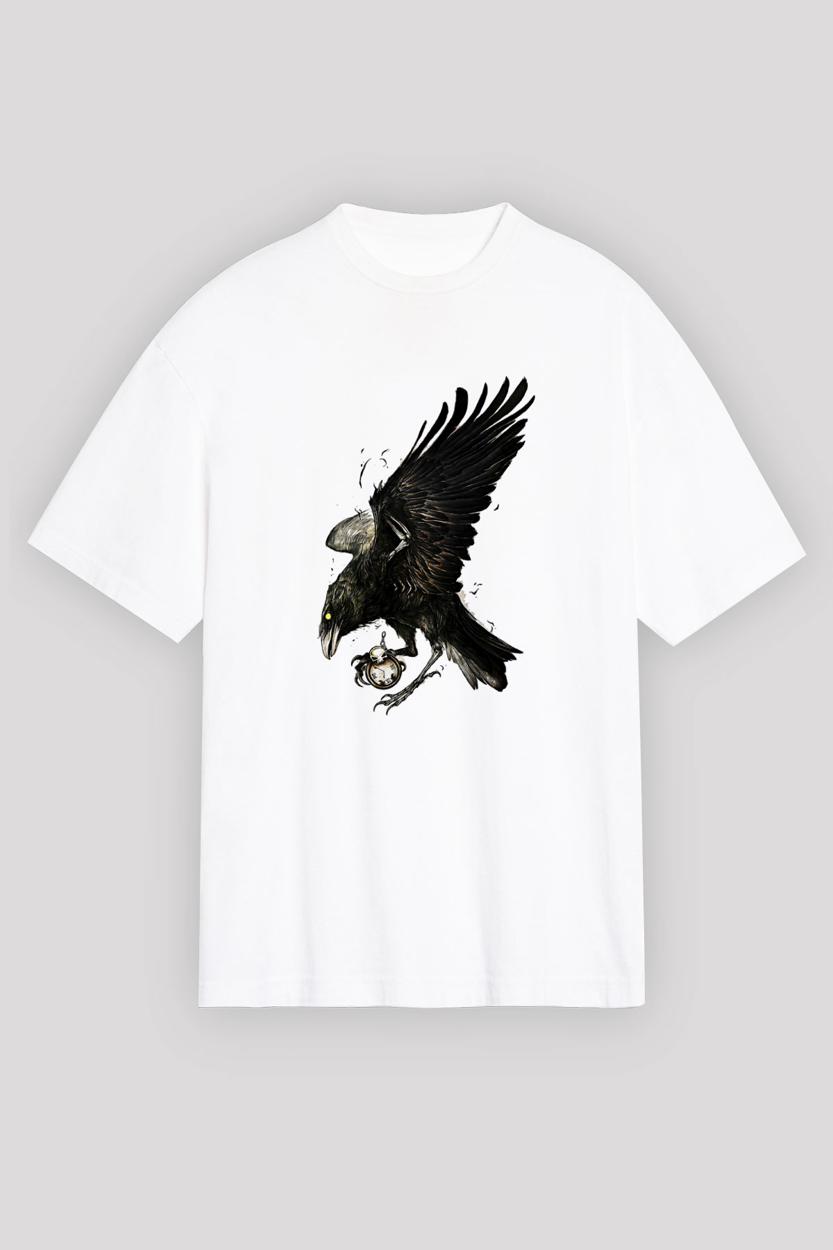 Karga Baskılı Beyaz Unisex Oversize Tişört - Tshirt