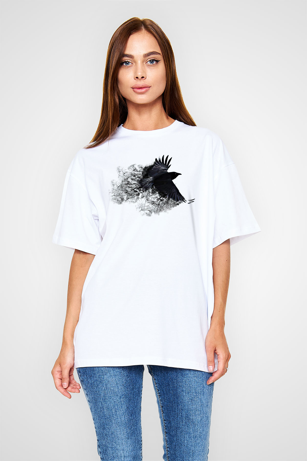 Karga Baskılı Beyaz Unisex Oversize Tişört - Tshirt