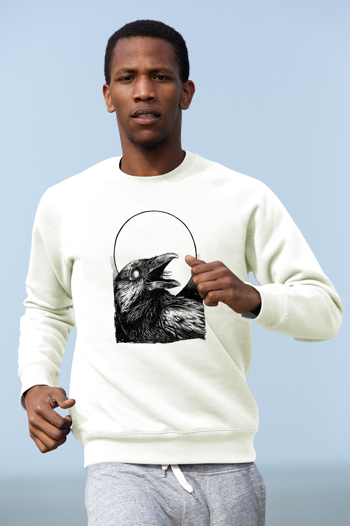 Karga Baskılı Beyaz Unisex Sweatshirt