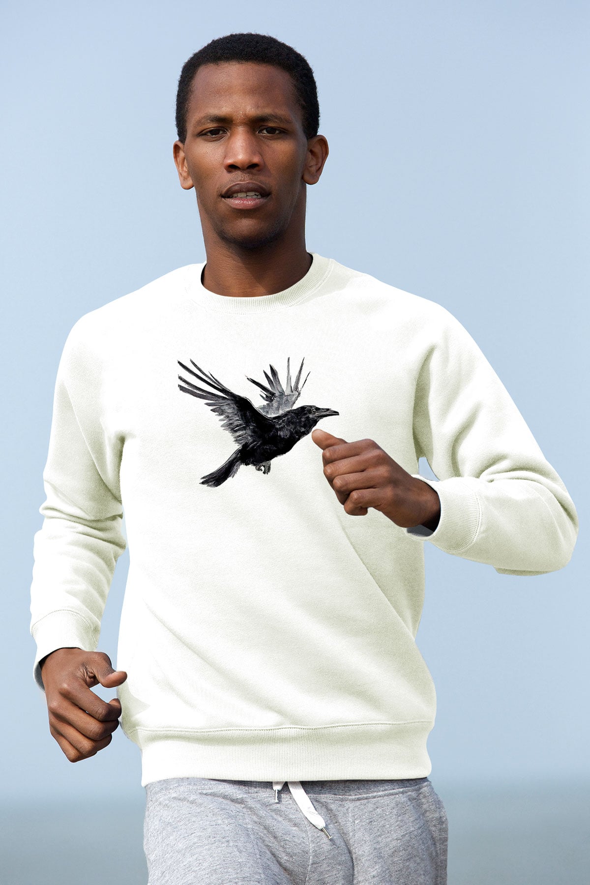 Karga Baskılı Beyaz Unisex Sweatshirt