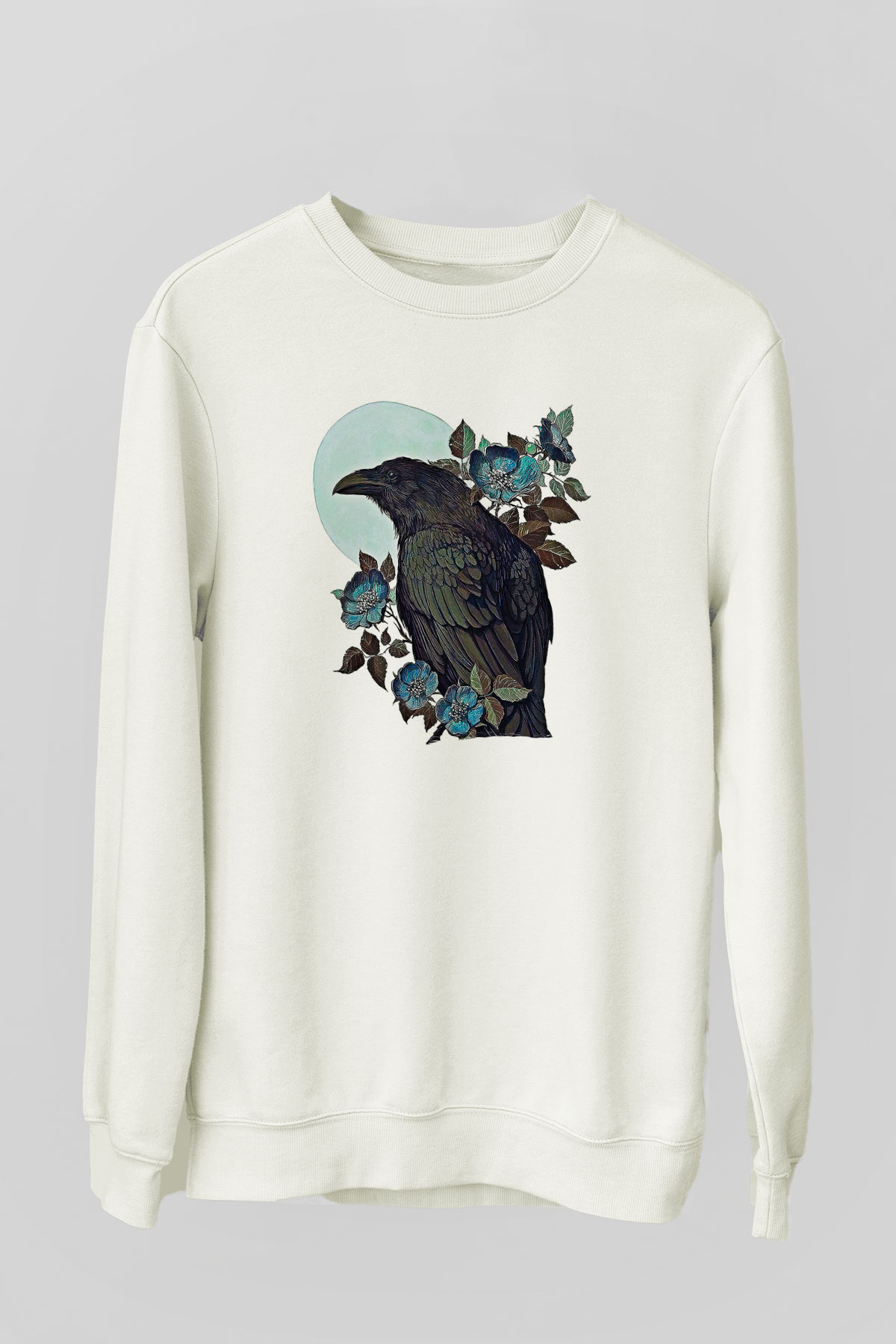 Karga Baskılı Beyaz Unisex Sweatshirt