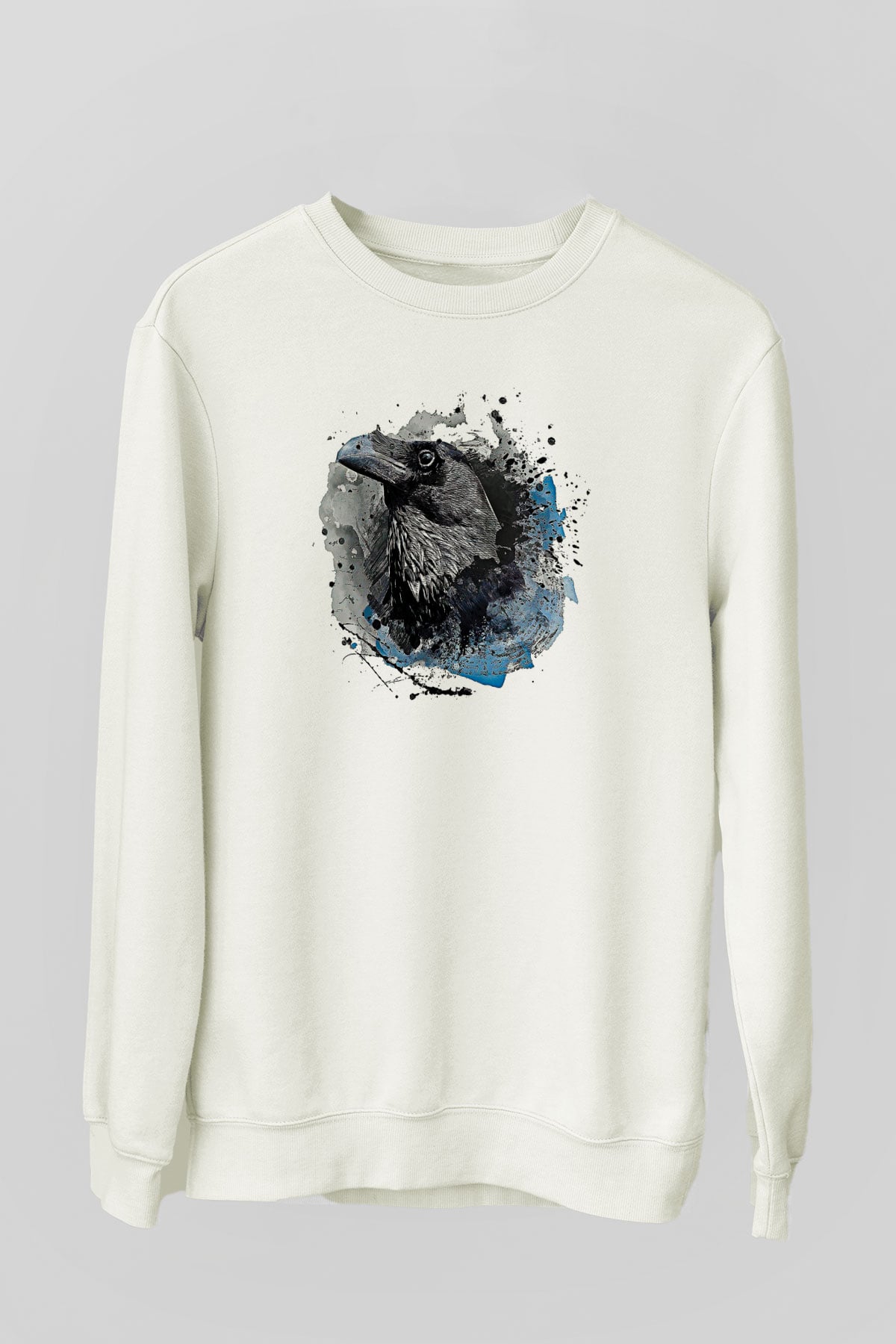 Karga Baskılı Beyaz Unisex Sweatshirt