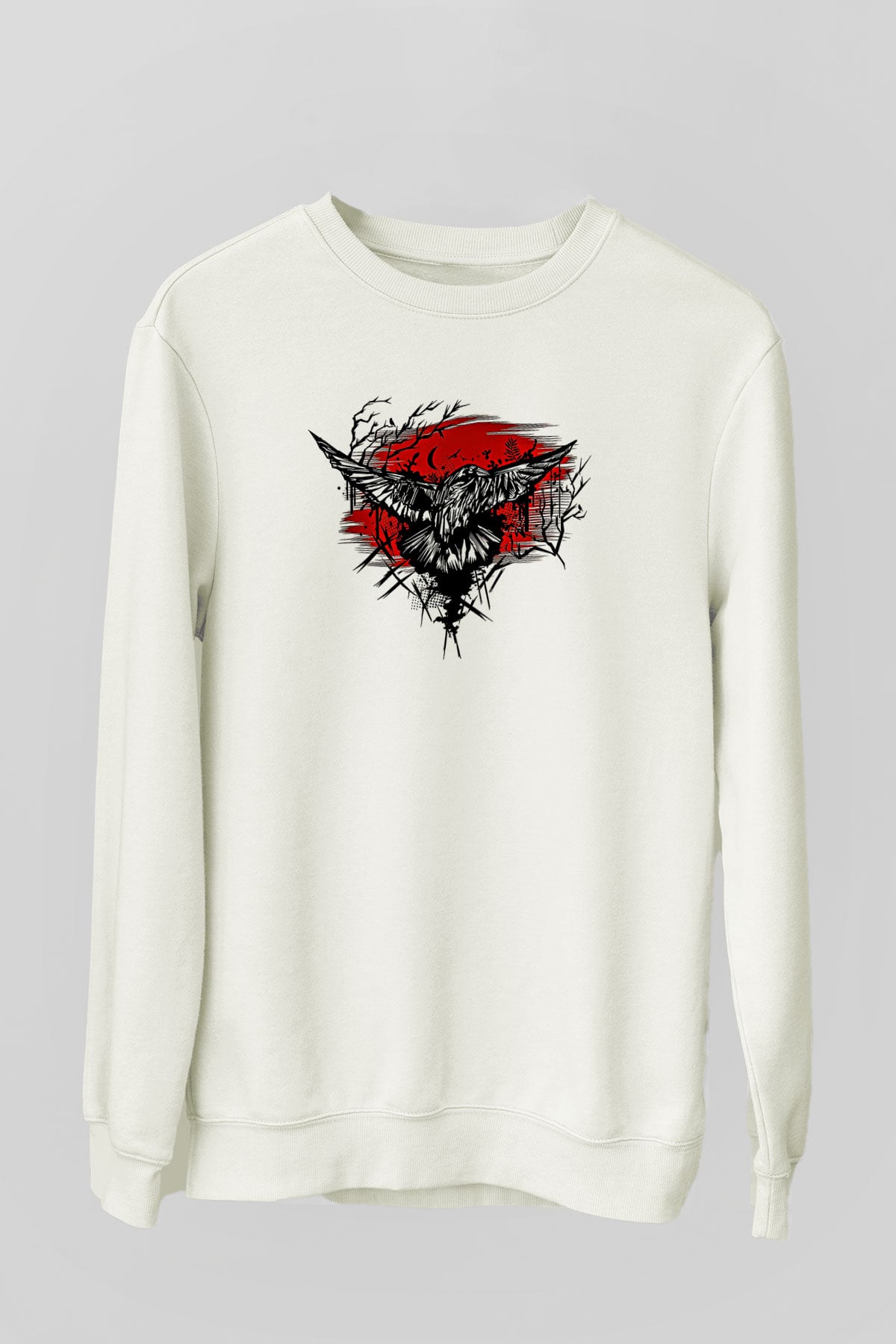 Karga Baskılı Beyaz Unisex Sweatshirt
