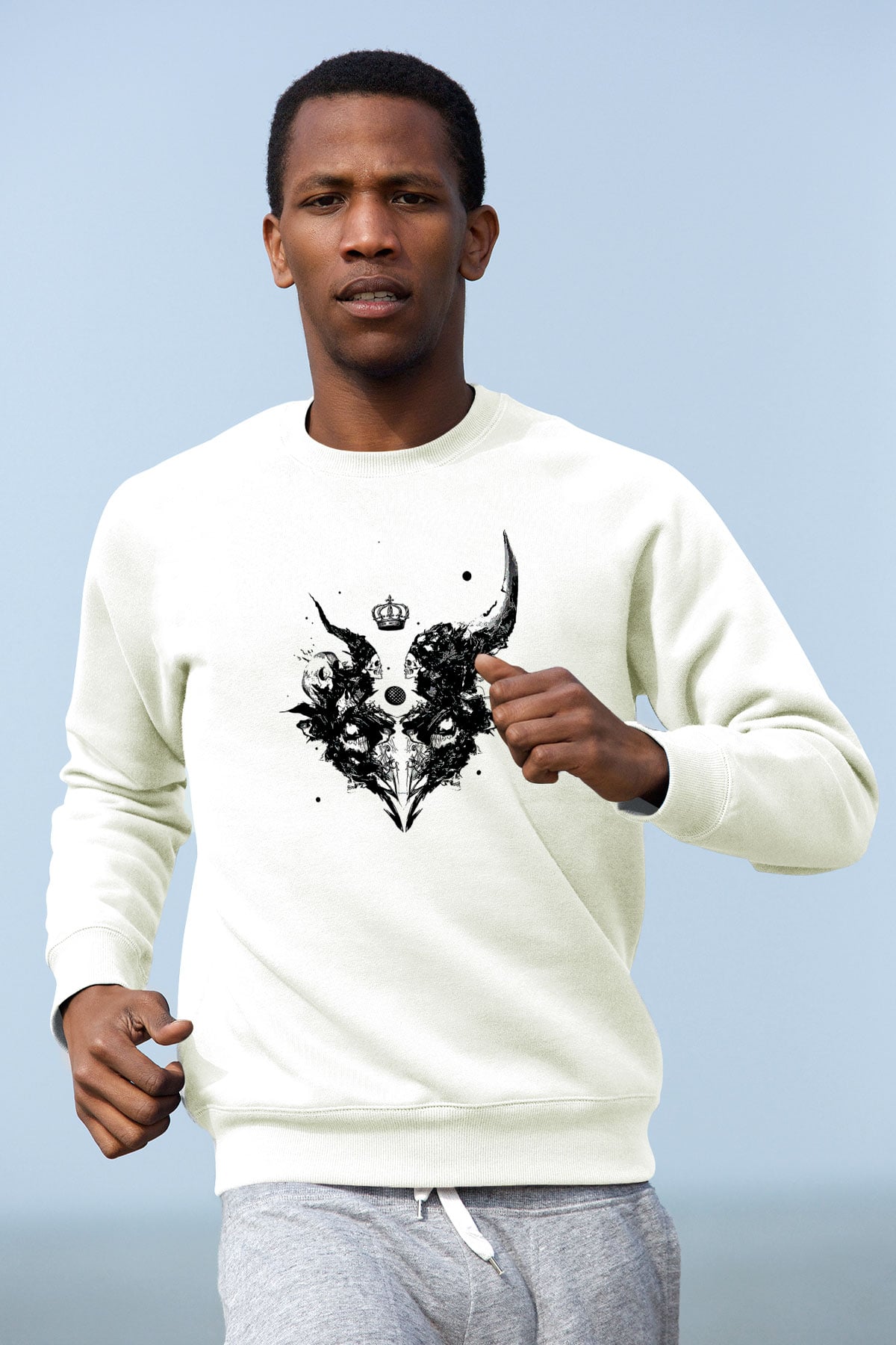 Karga Baskılı Beyaz Unisex Sweatshirt