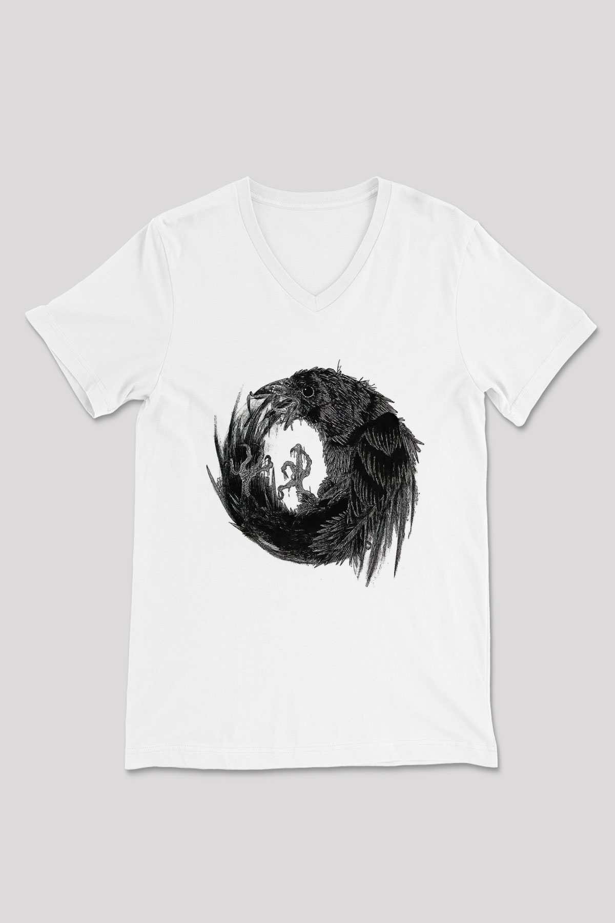Karga Baskılı Beyaz Unisex V Yaka Tişört - Tshirt