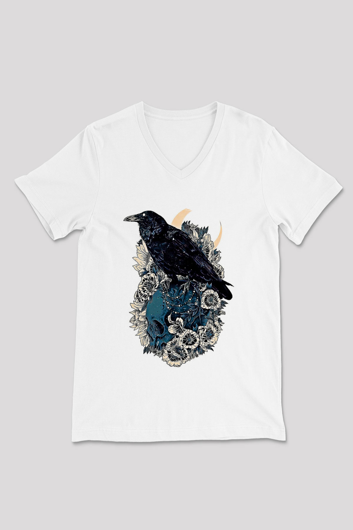 Karga Baskılı Beyaz Unisex V Yaka Tişört - Tshirt