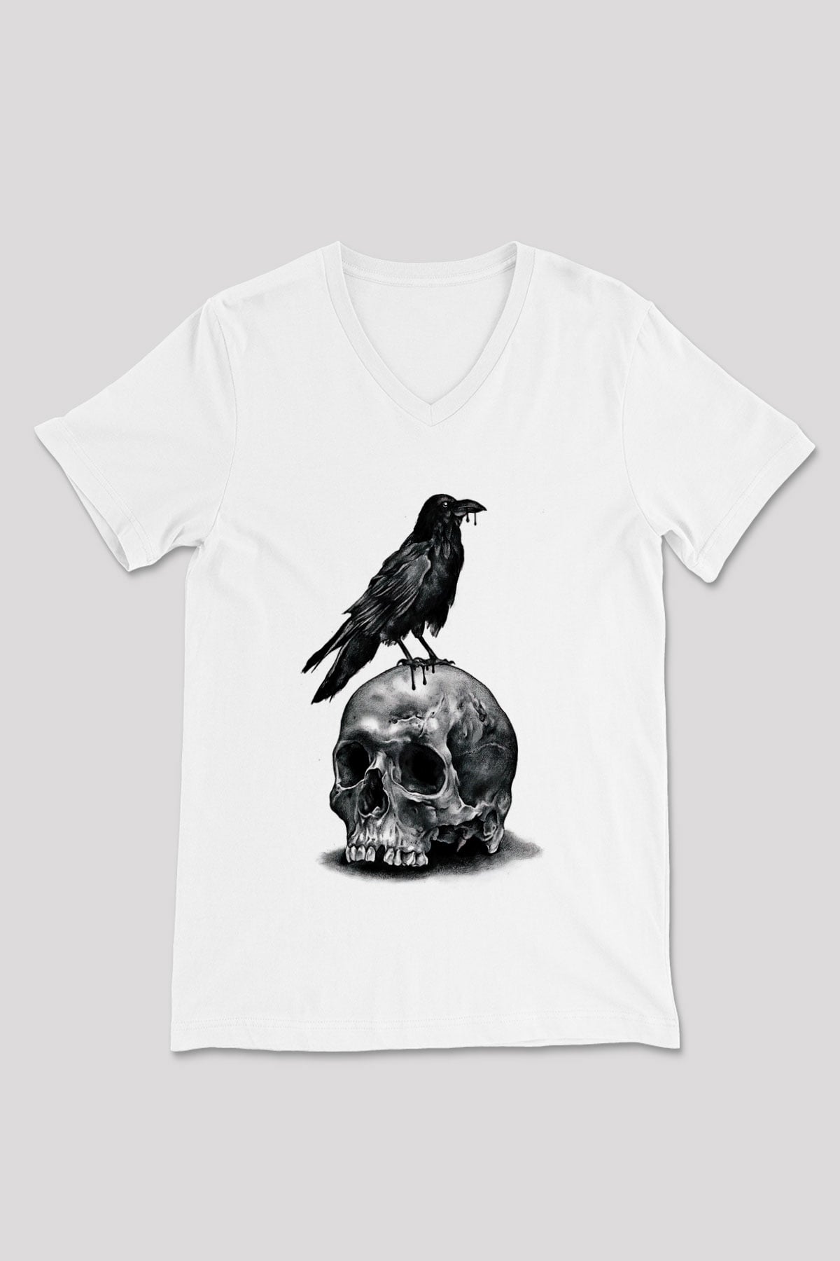 Karga Baskılı Beyaz Unisex V Yaka Tişört - Tshirt