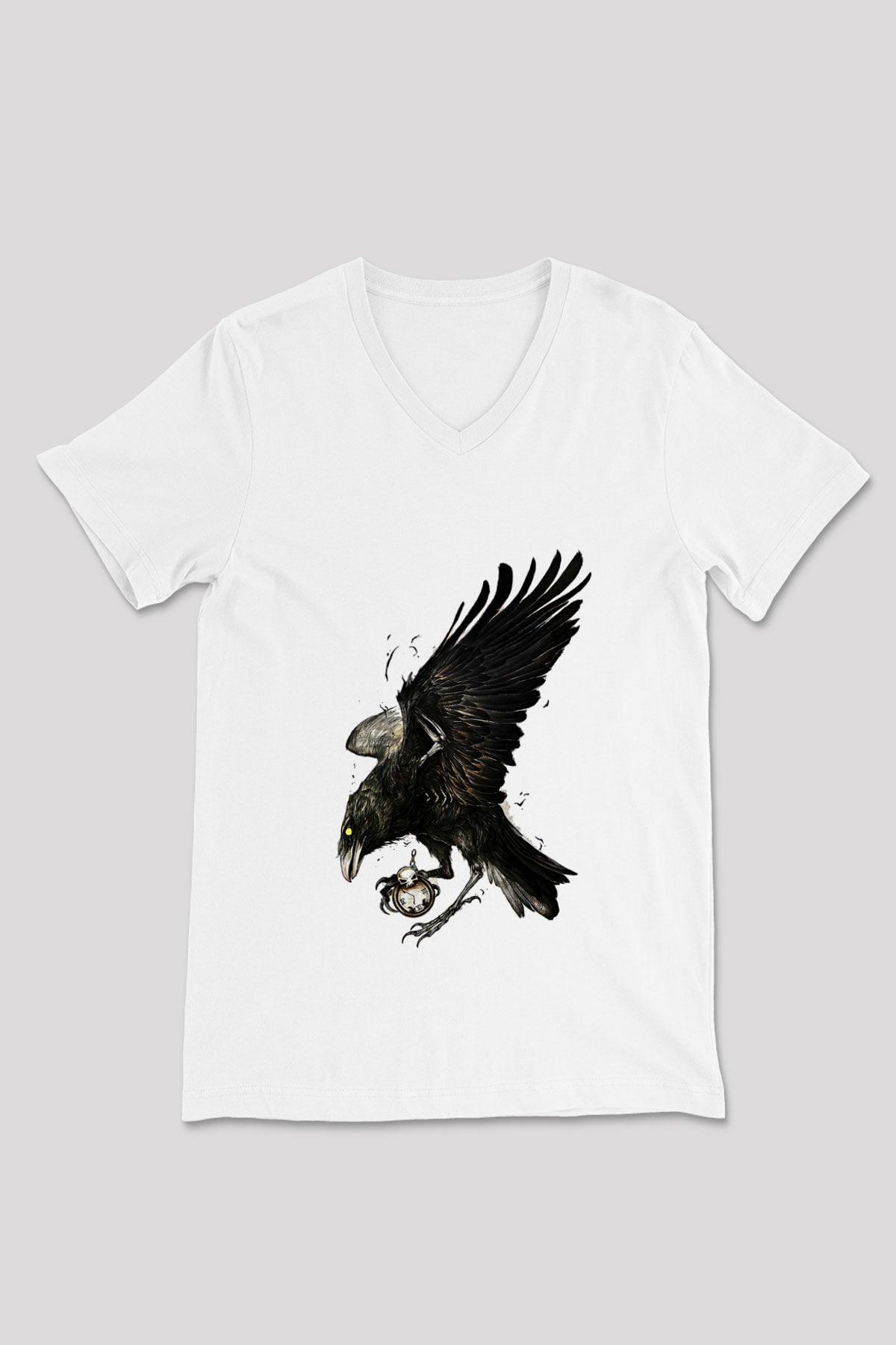 Karga Baskılı Beyaz Unisex V Yaka Tişört - Tshirt