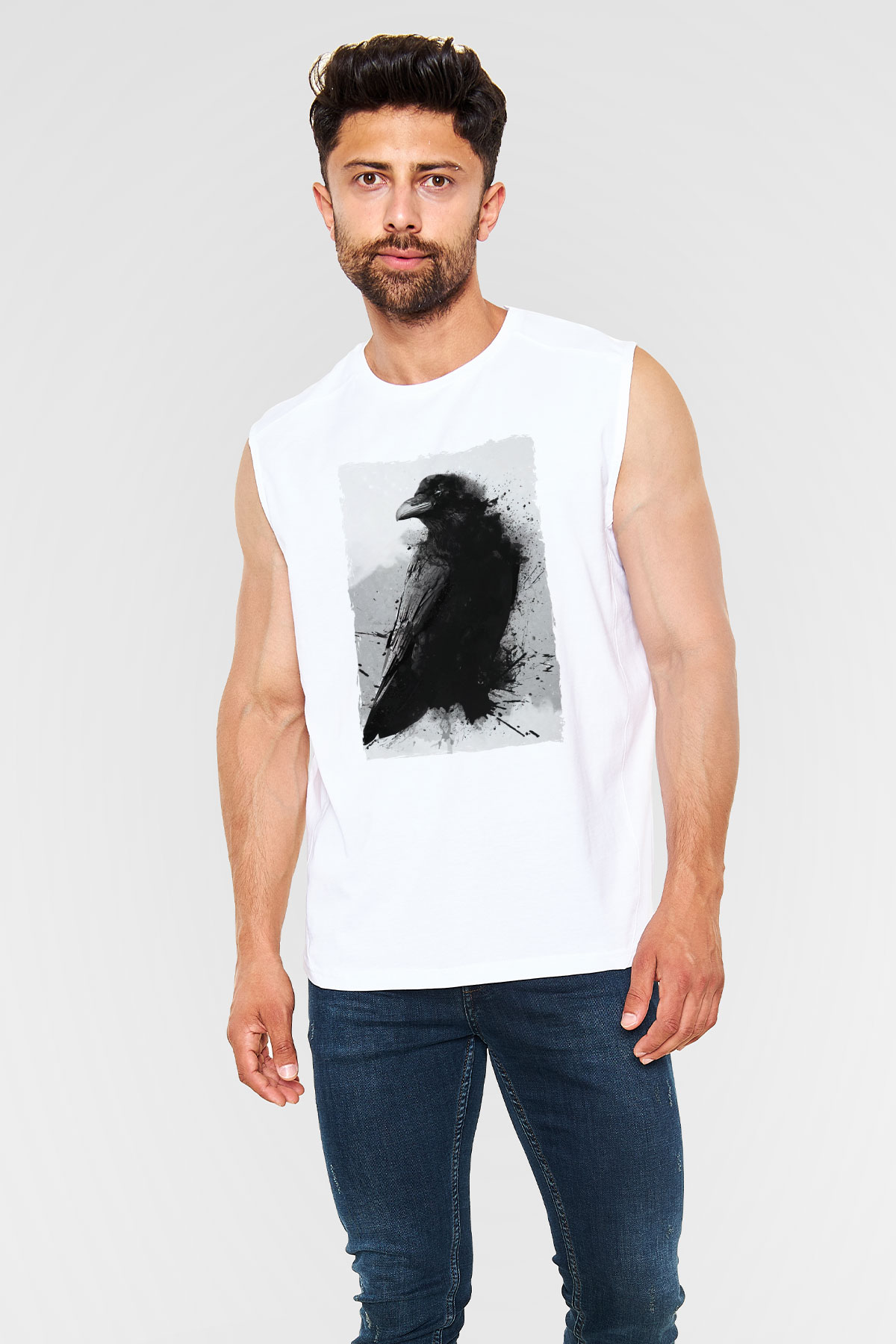 Karga Baskılı Unisex Beyaz  Kolsuz Tişört