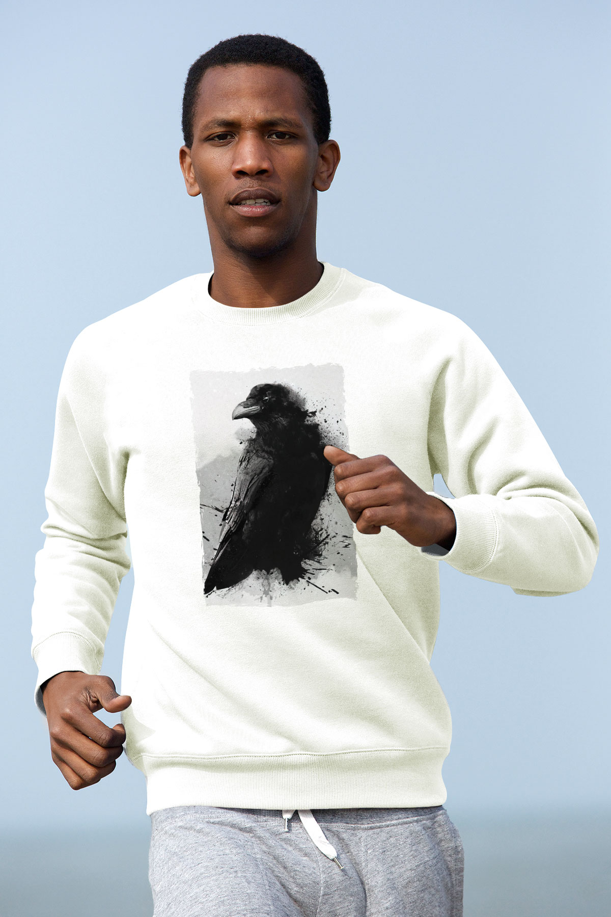 Karga Baskılı Unisex Beyaz  Sweatshirt