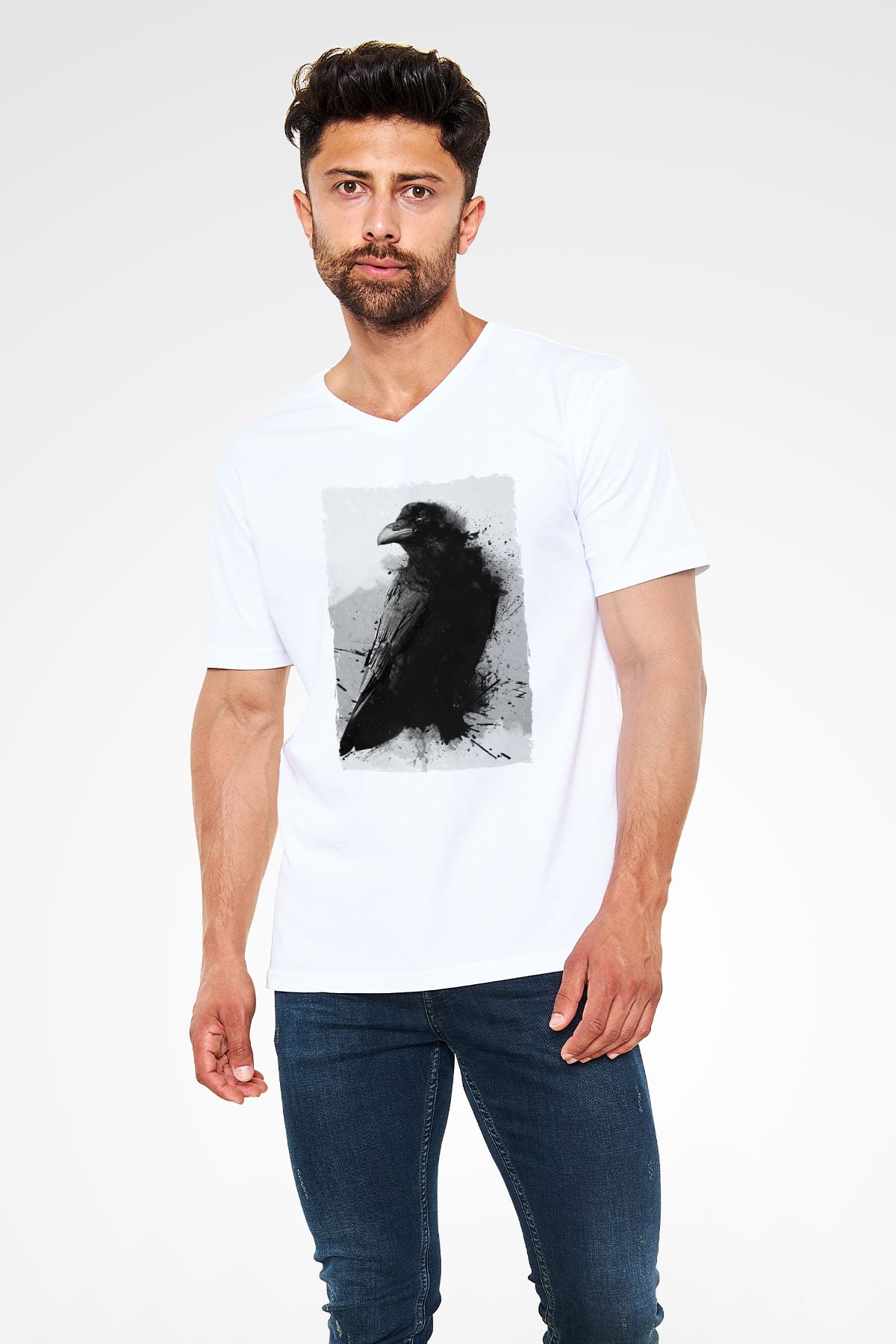 Karga Baskılı Unisex Beyaz  V Yaka Tişört