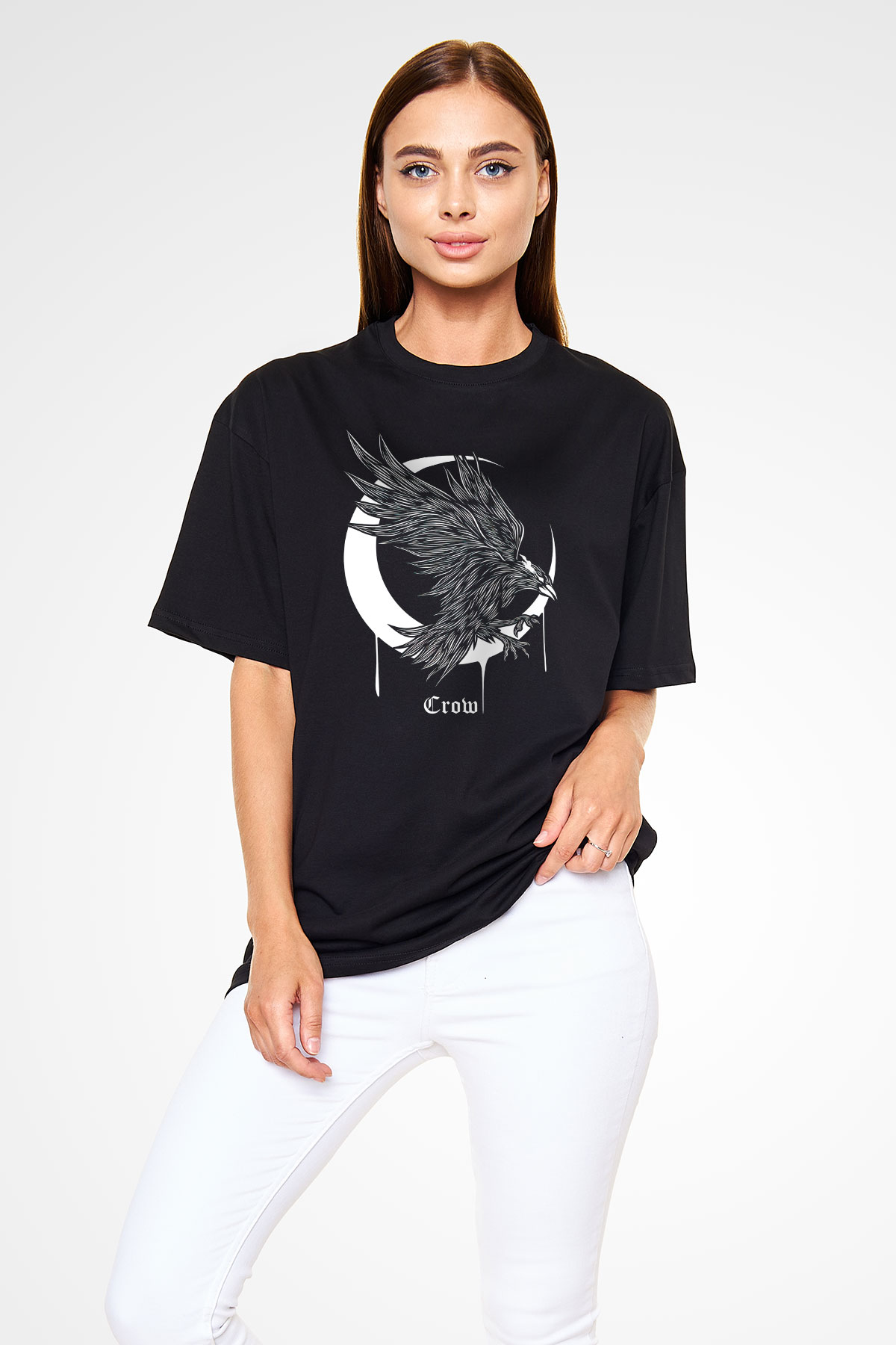 Karga Baskılı Unisex Siyah Oversize Tişört - Tshirt