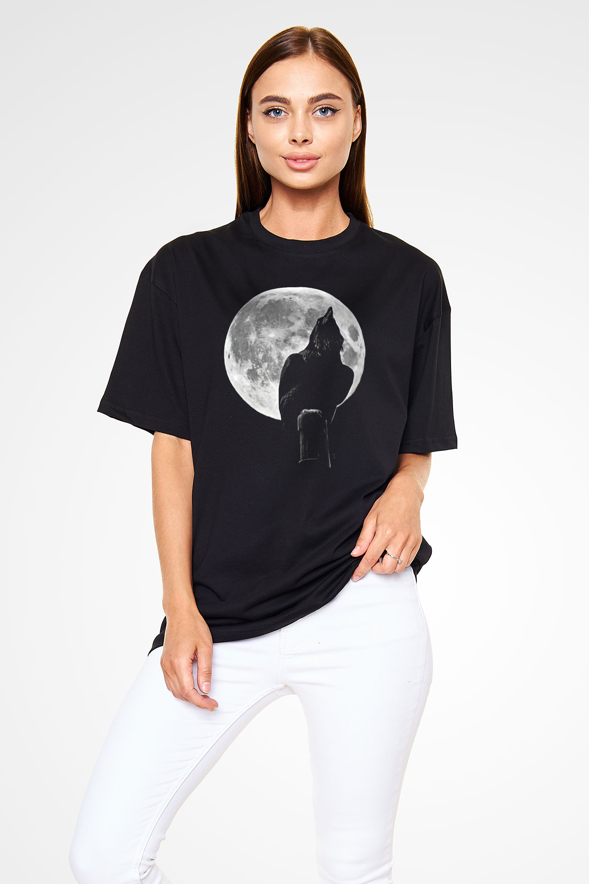 Karga Baskılı Unisex Siyah Oversize Tişört - Tshirt