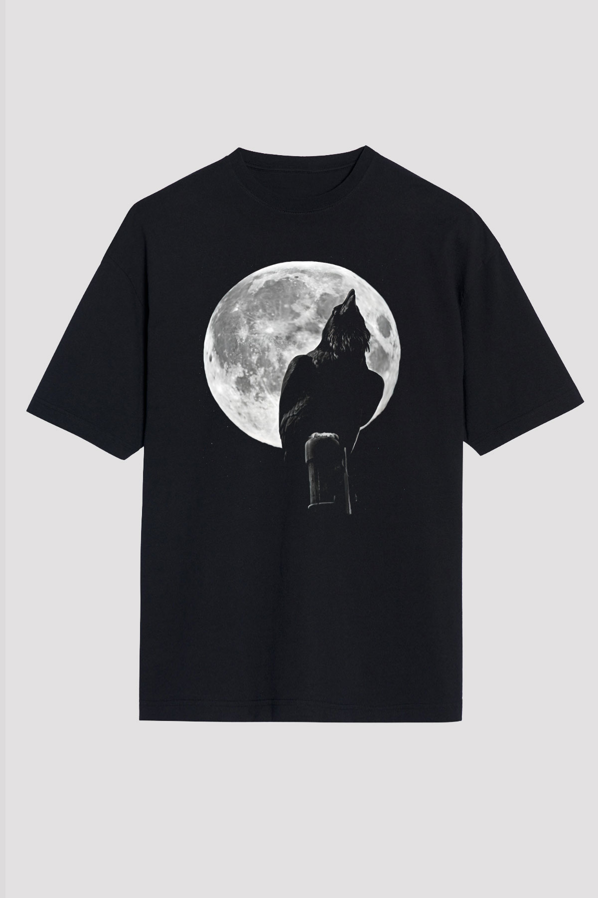 Karga Baskılı Unisex Siyah Oversize Tişört - Tshirt