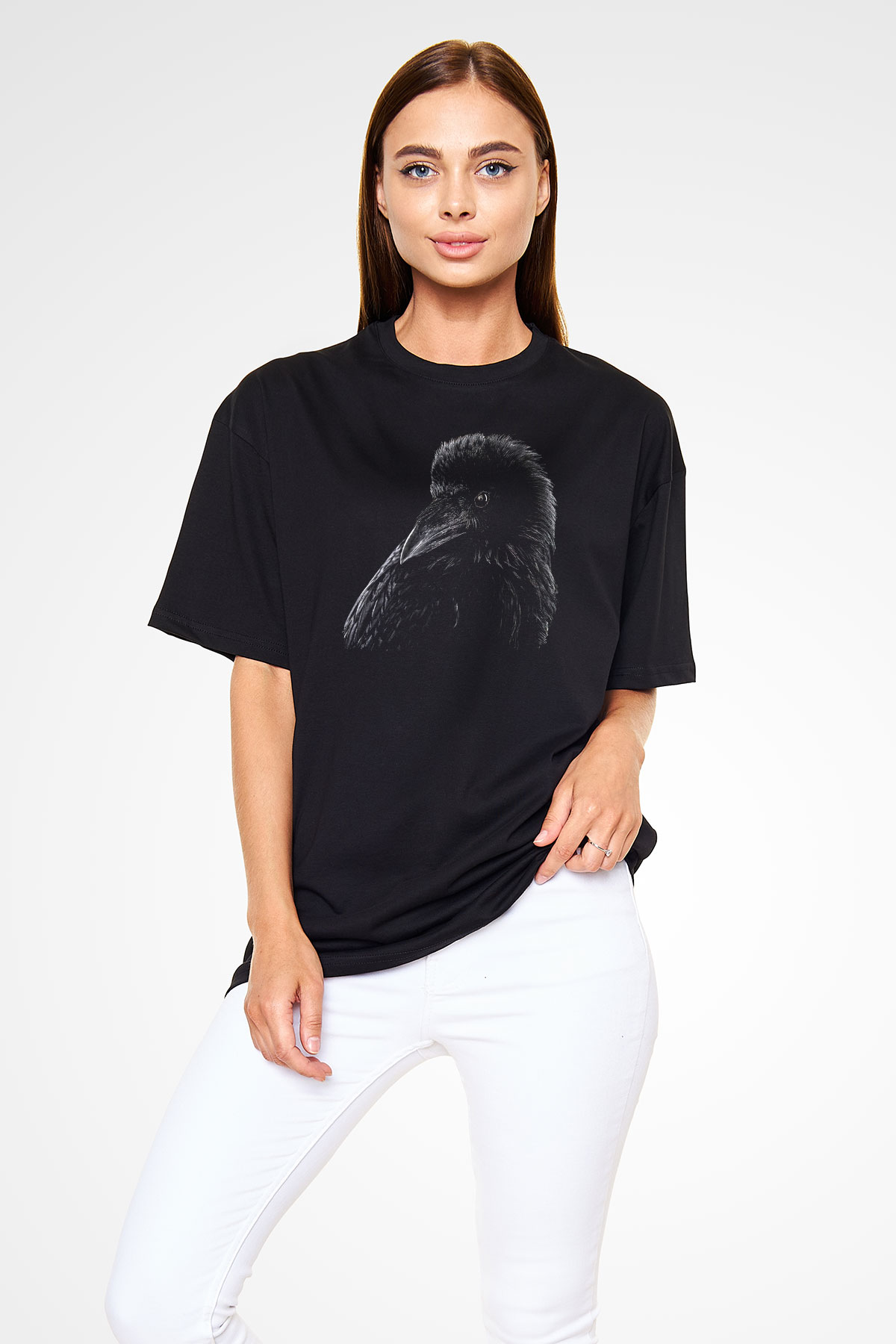 Karga Baskılı Unisex Siyah Oversize Tişört - Tshirt