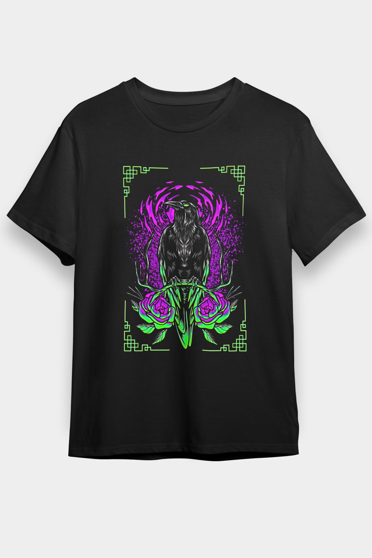Karga Baskılı Unisex Siyah Tişört - Tshirt