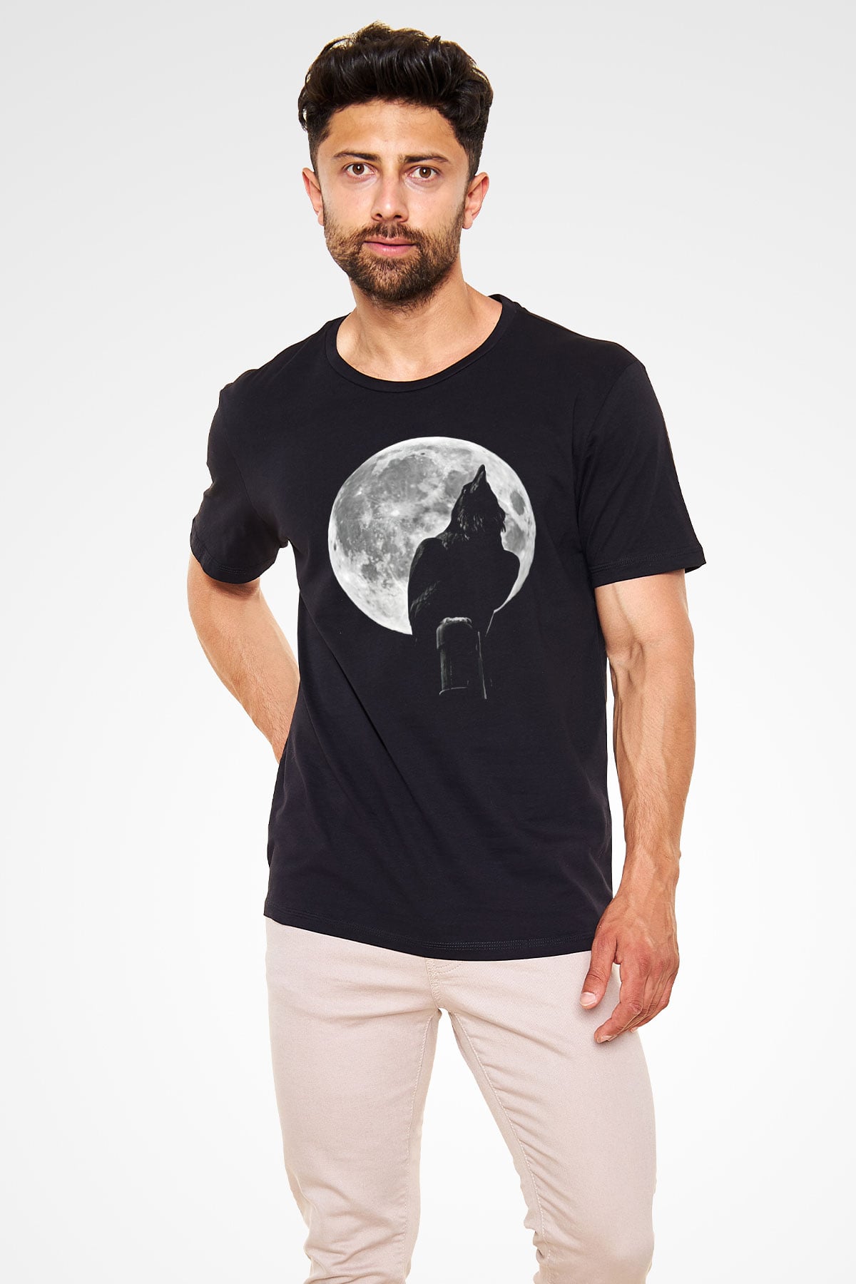 Karga Baskılı Unisex Siyah Tişört - Tshirt