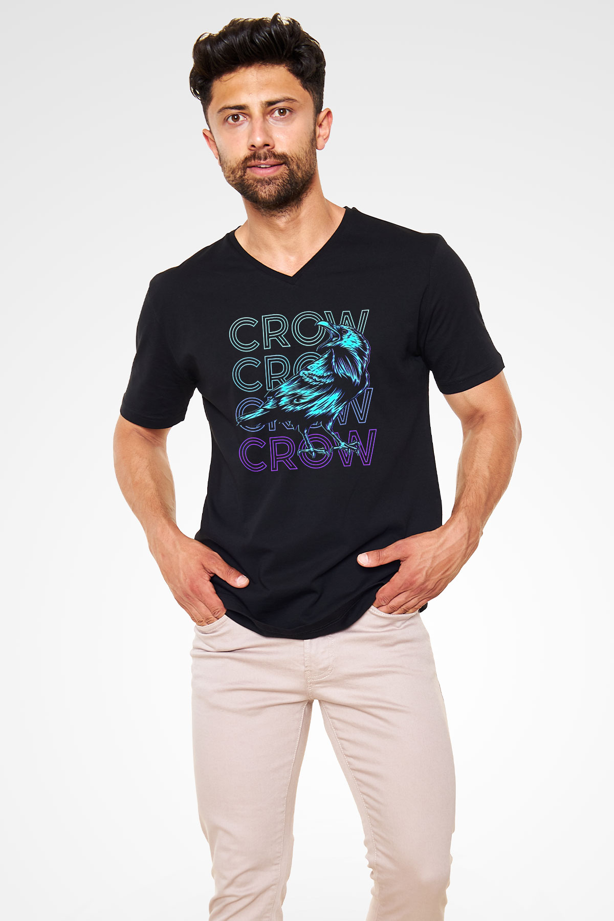 Karga Baskılı Unisex Siyah V Yaka Tişört - Tshirt