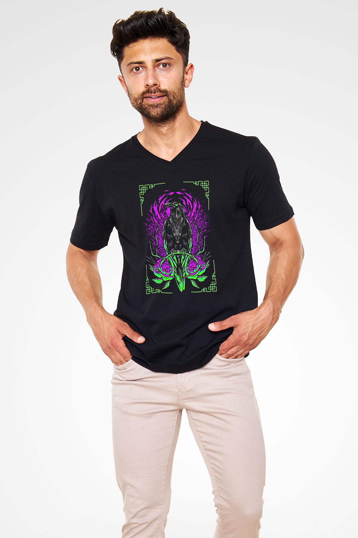 Karga Baskılı Unisex Siyah V Yaka Tişört - Tshirt