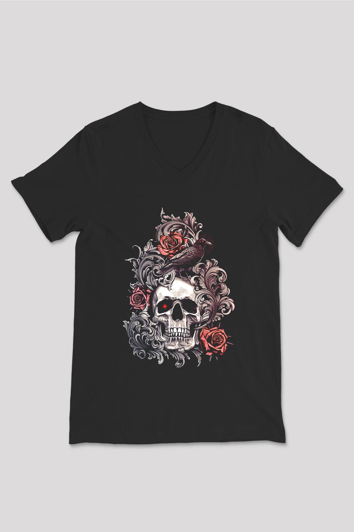 Karga Baskılı Unisex Siyah V Yaka Tişört - Tshirt
